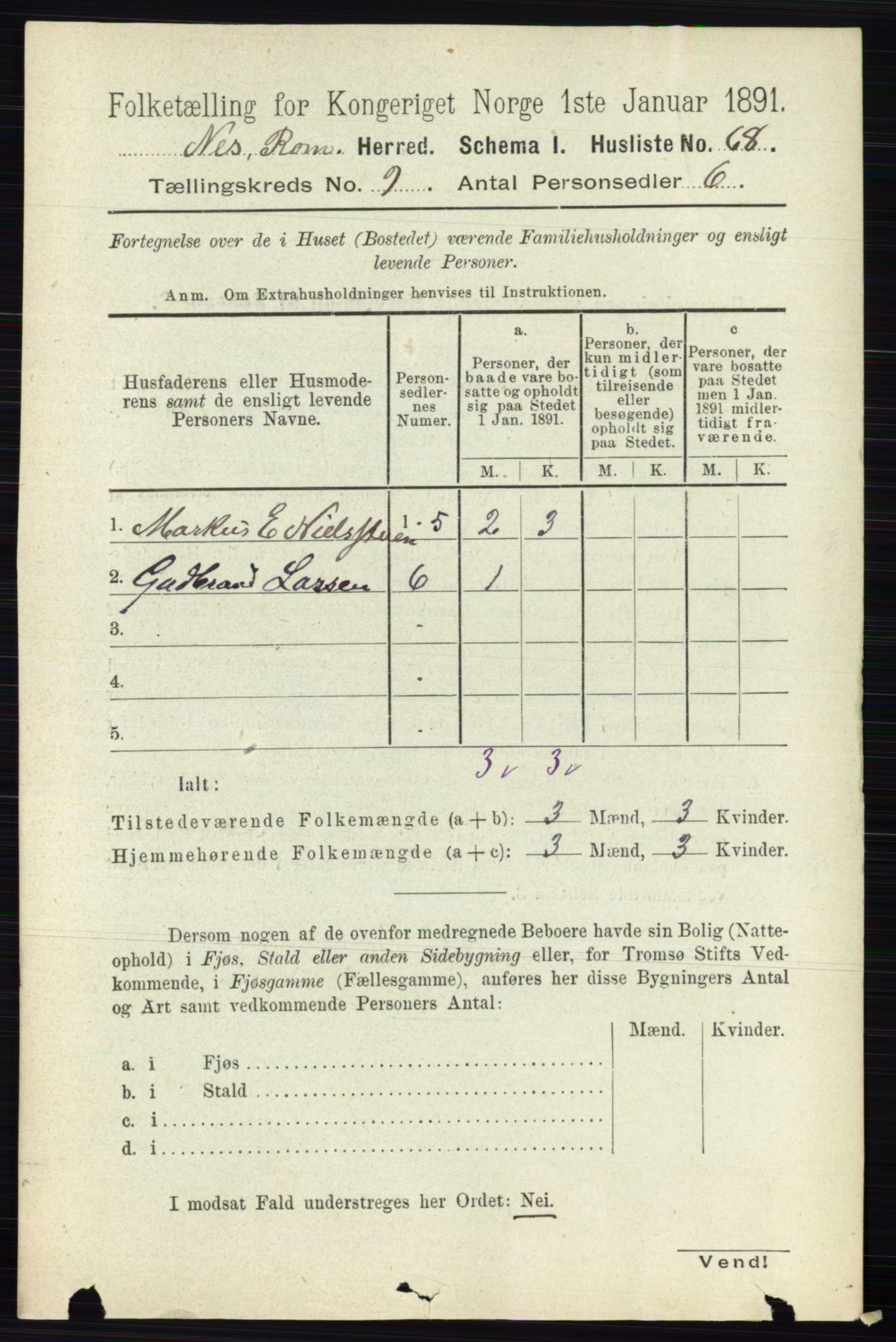 RA, 1891 census for 0236 Nes, 1891, p. 5254