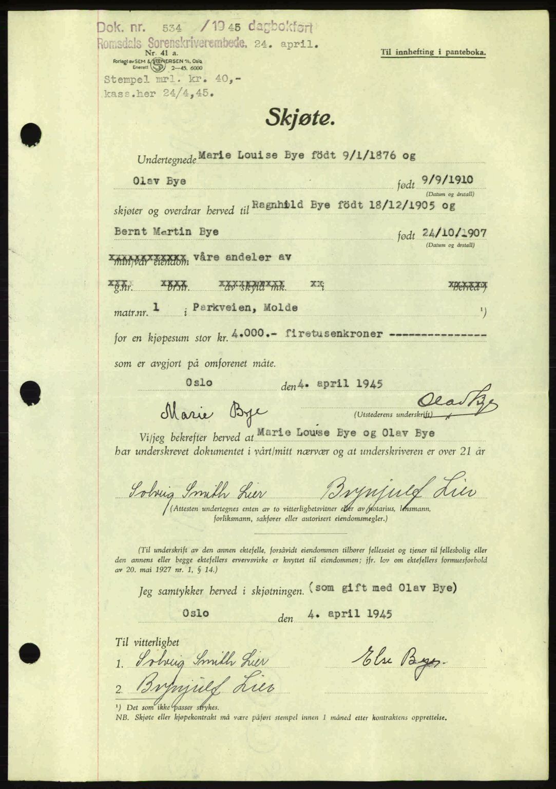 Romsdal sorenskriveri, AV/SAT-A-4149/1/2/2C: Mortgage book no. A17, 1944-1945, Diary no: : 534/1945