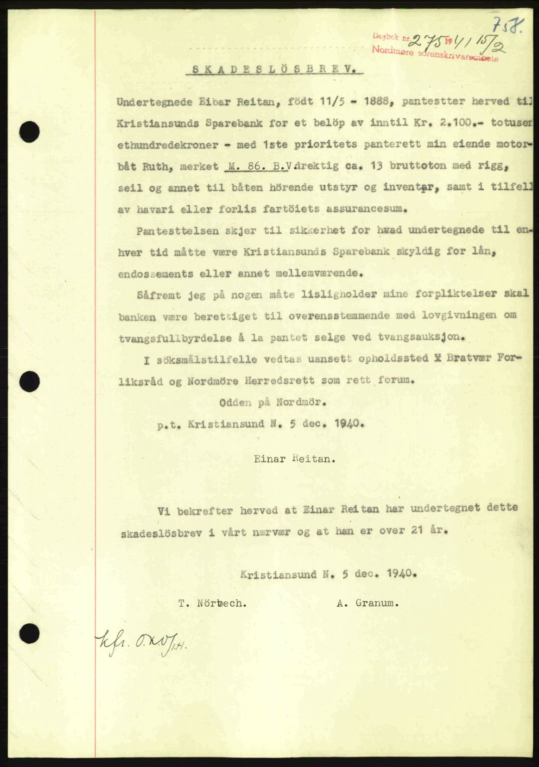 Nordmøre sorenskriveri, AV/SAT-A-4132/1/2/2Ca: Mortgage book no. B87, 1940-1941, Diary no: : 275/1941