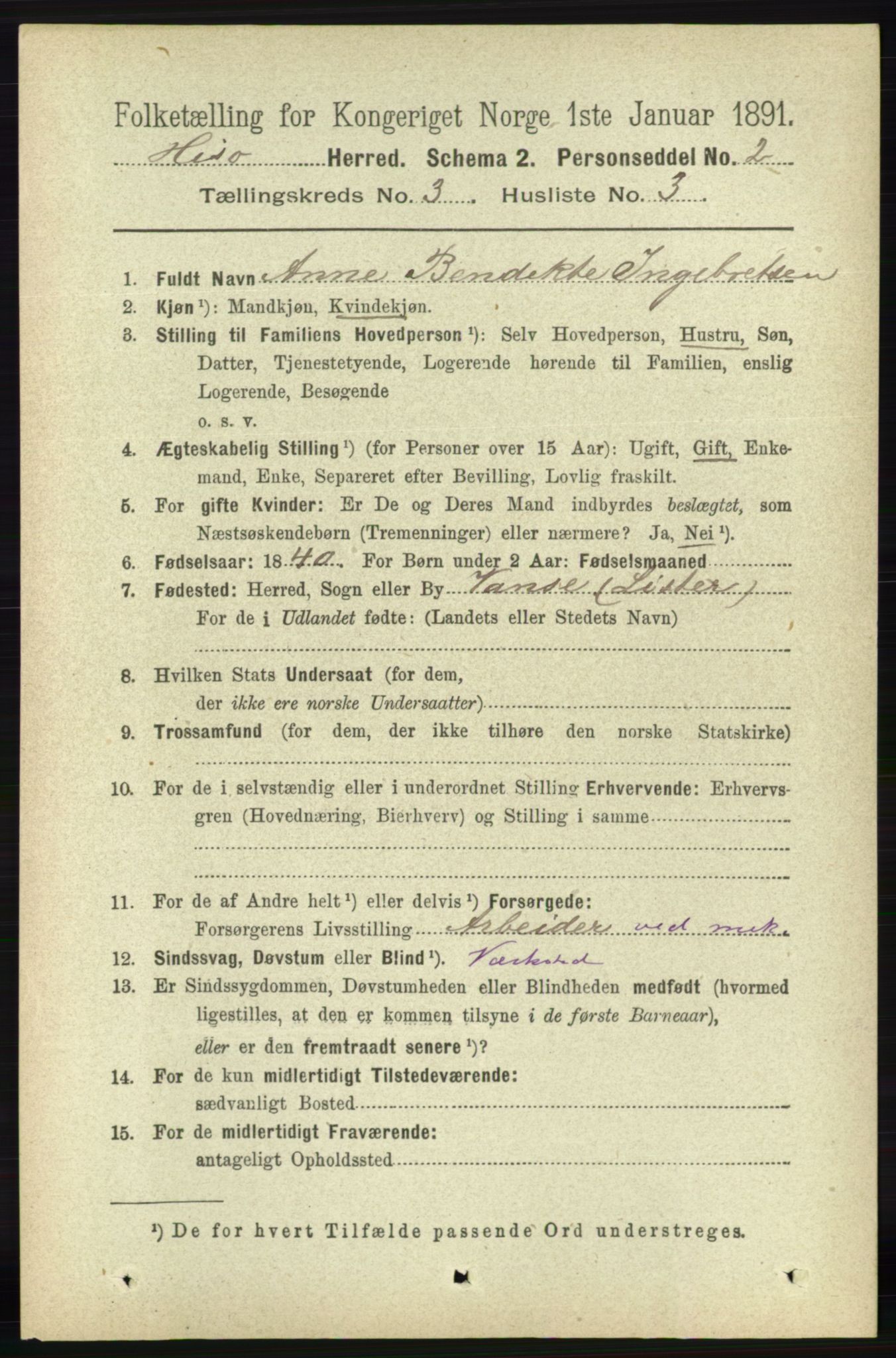 RA, 1891 census for 0922 Hisøy, 1891, p. 2260