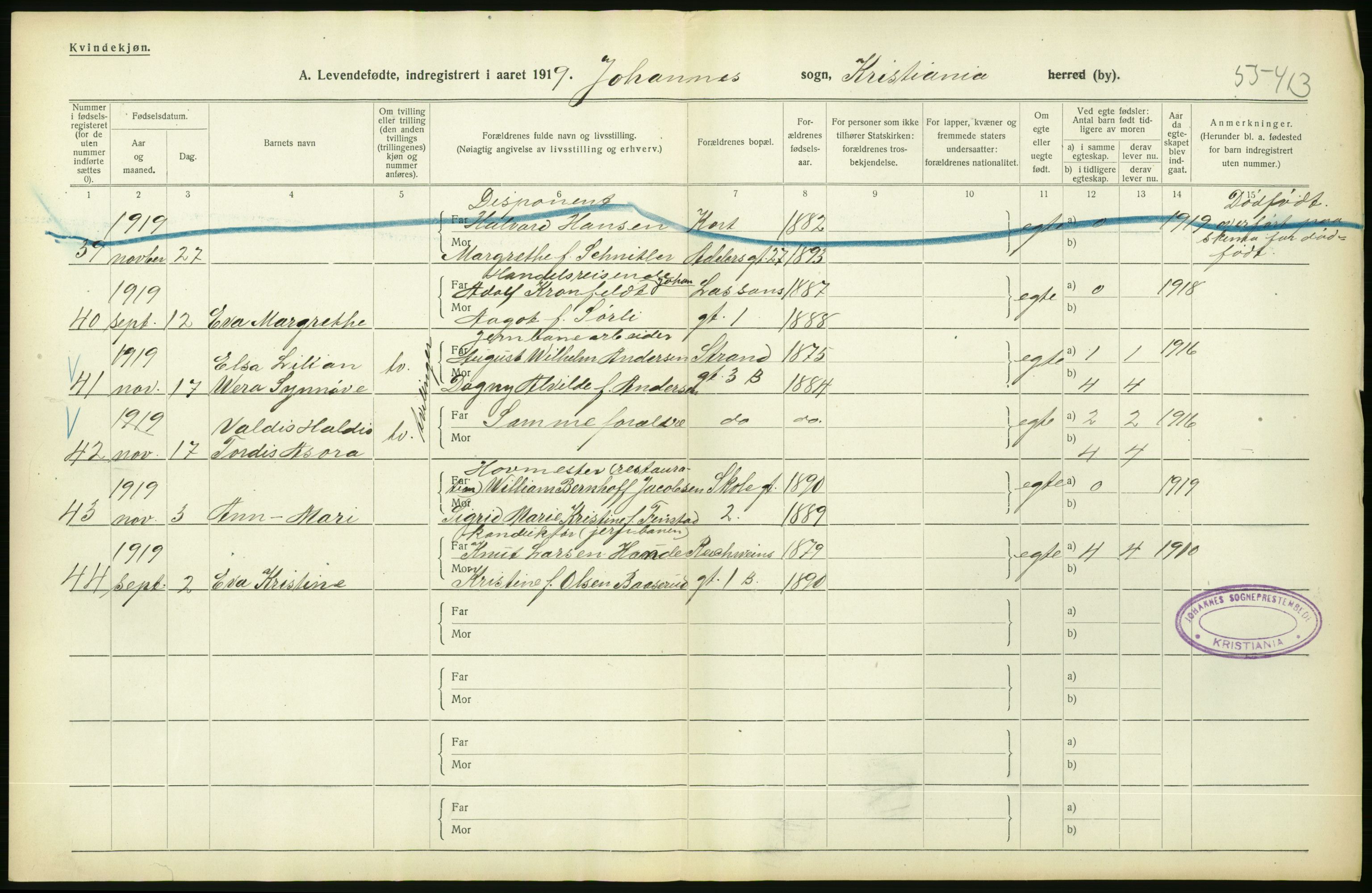 Statistisk sentralbyrå, Sosiodemografiske emner, Befolkning, AV/RA-S-2228/D/Df/Dfb/Dfbi/L0007: Kristiania: Levendefødte menn og kvinner., 1919, p. 314