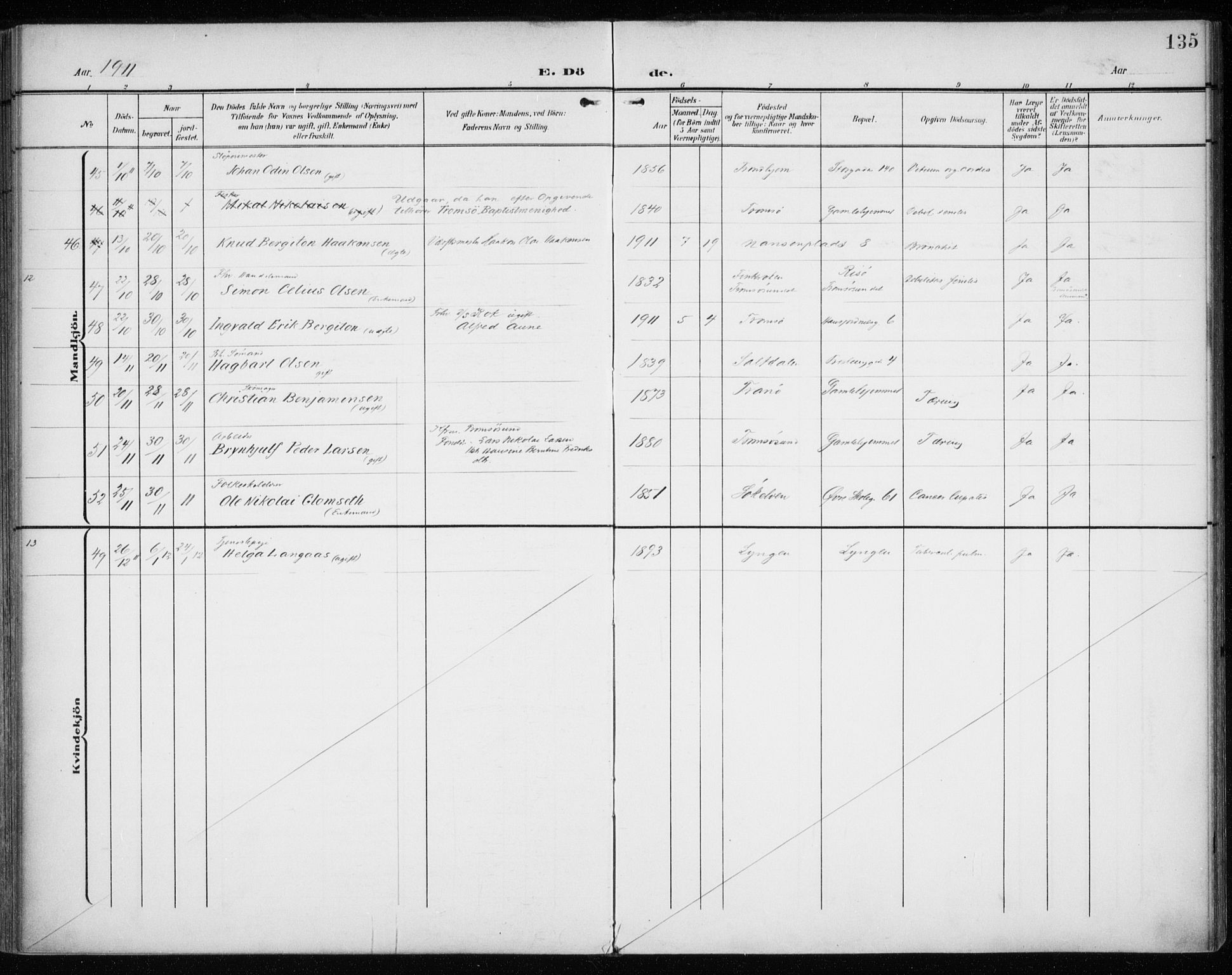 Tromsø sokneprestkontor/stiftsprosti/domprosti, SATØ/S-1343/G/Ga/L0018kirke: Parish register (official) no. 18, 1907-1917, p. 135