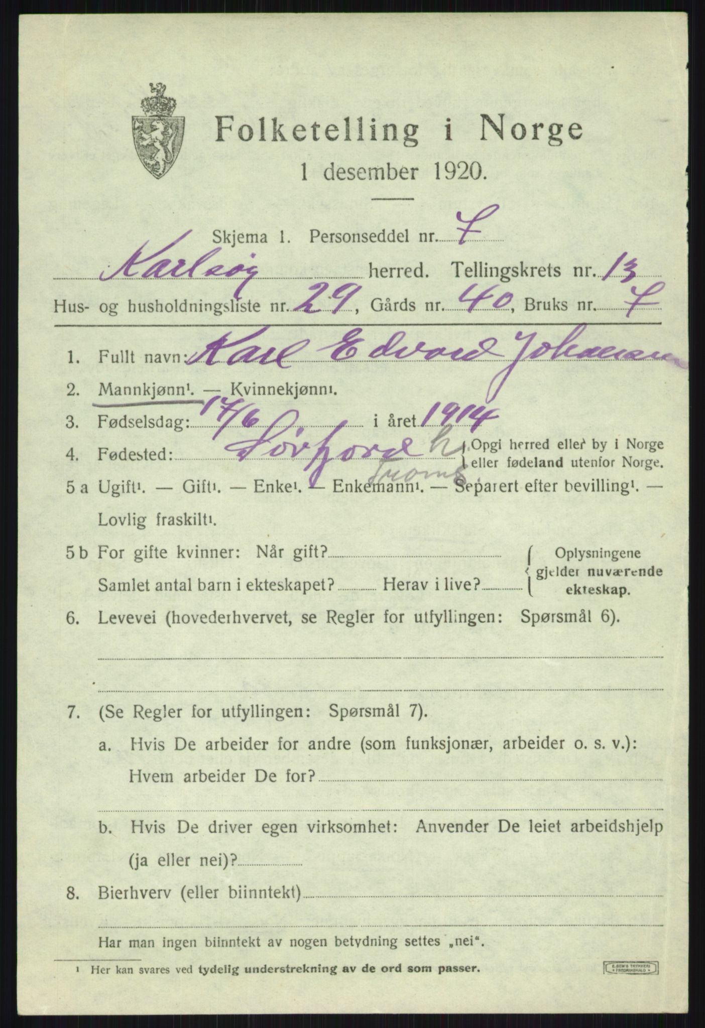 SATØ, 1920 census for Karlsøy, 1920, p. 5092