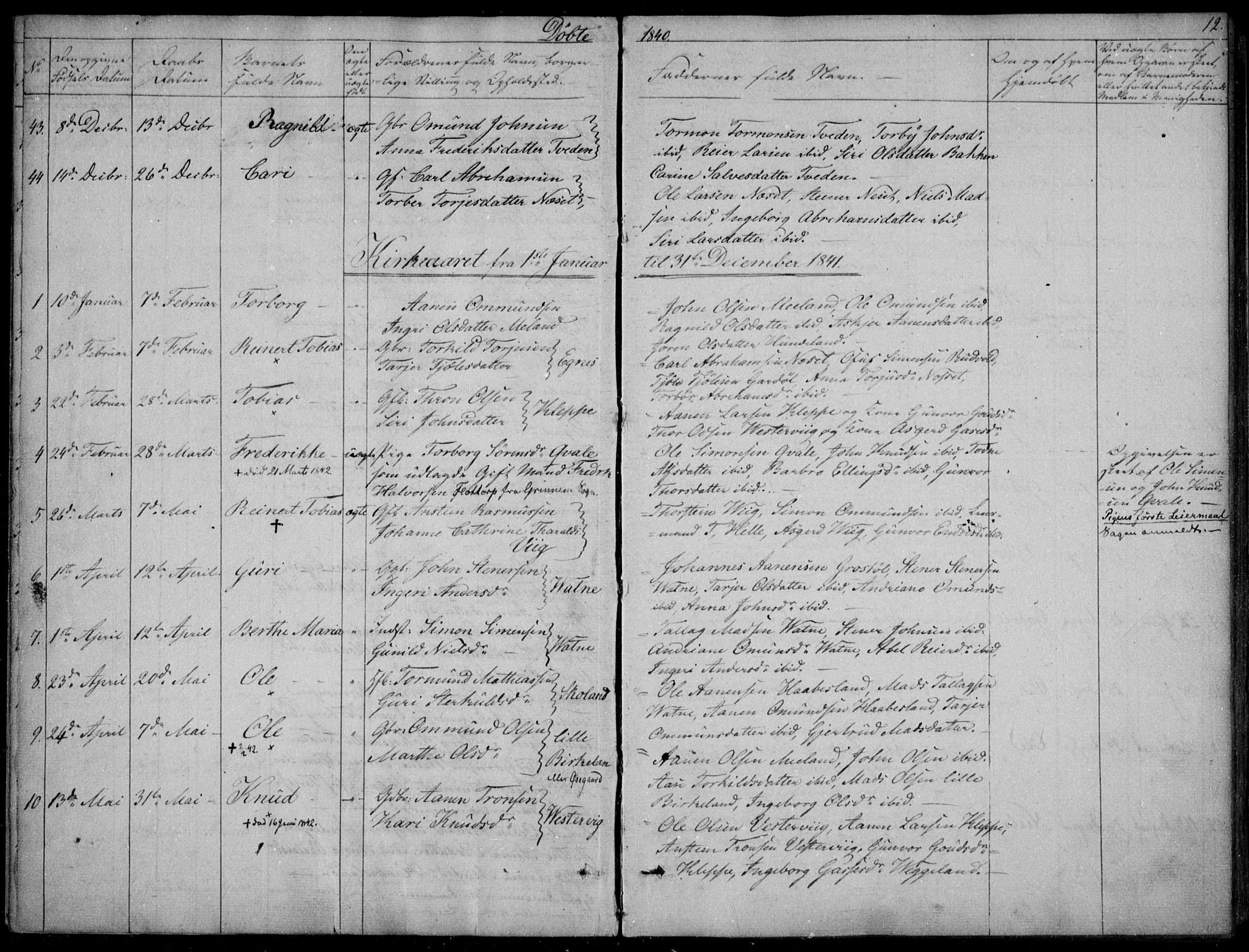 Hægebostad sokneprestkontor, AV/SAK-1111-0024/F/Fa/Fab/L0002: Parish register (official) no. A 2, 1836-1872, p. 12