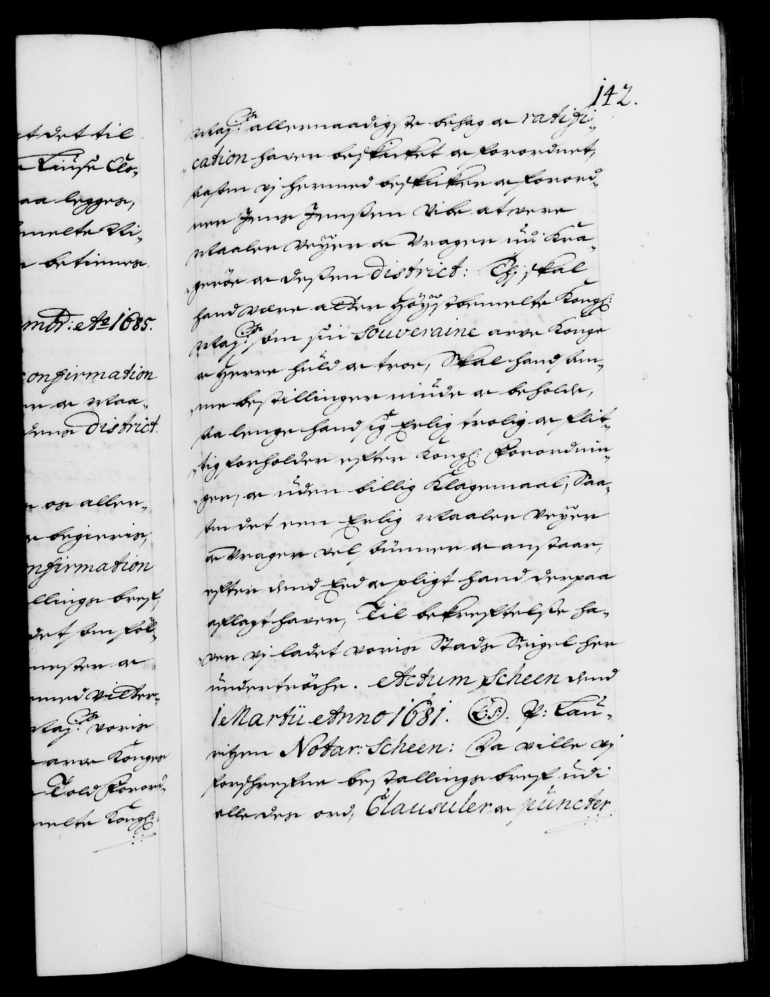 Danske Kanselli 1572-1799, AV/RA-EA-3023/F/Fc/Fca/Fcaa/L0014: Norske registre (mikrofilm), 1685-1687, p. 142a