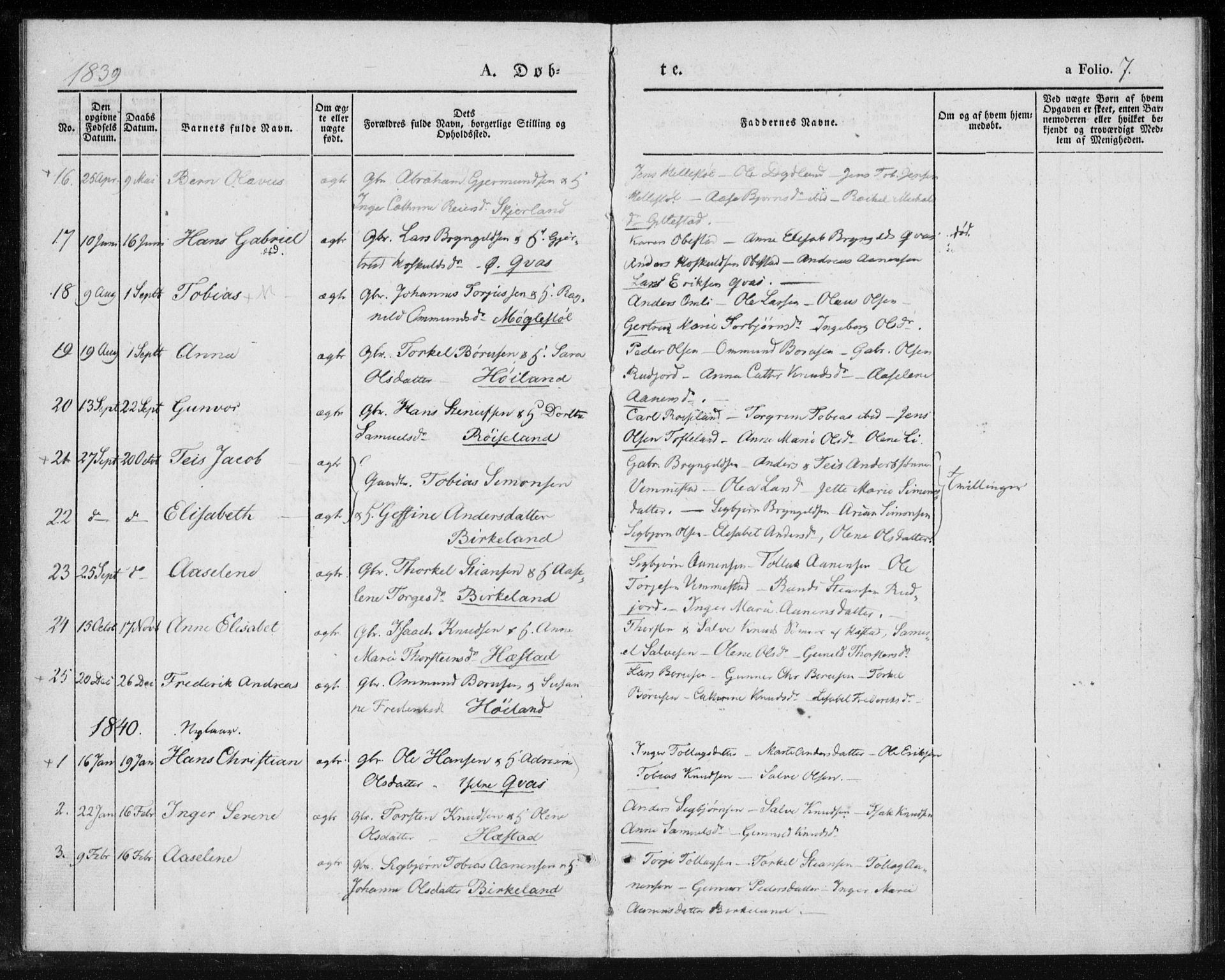 Lyngdal sokneprestkontor, AV/SAK-1111-0029/F/Fa/Fab/L0001: Parish register (official) no. A 1, 1838-1860, p. 7