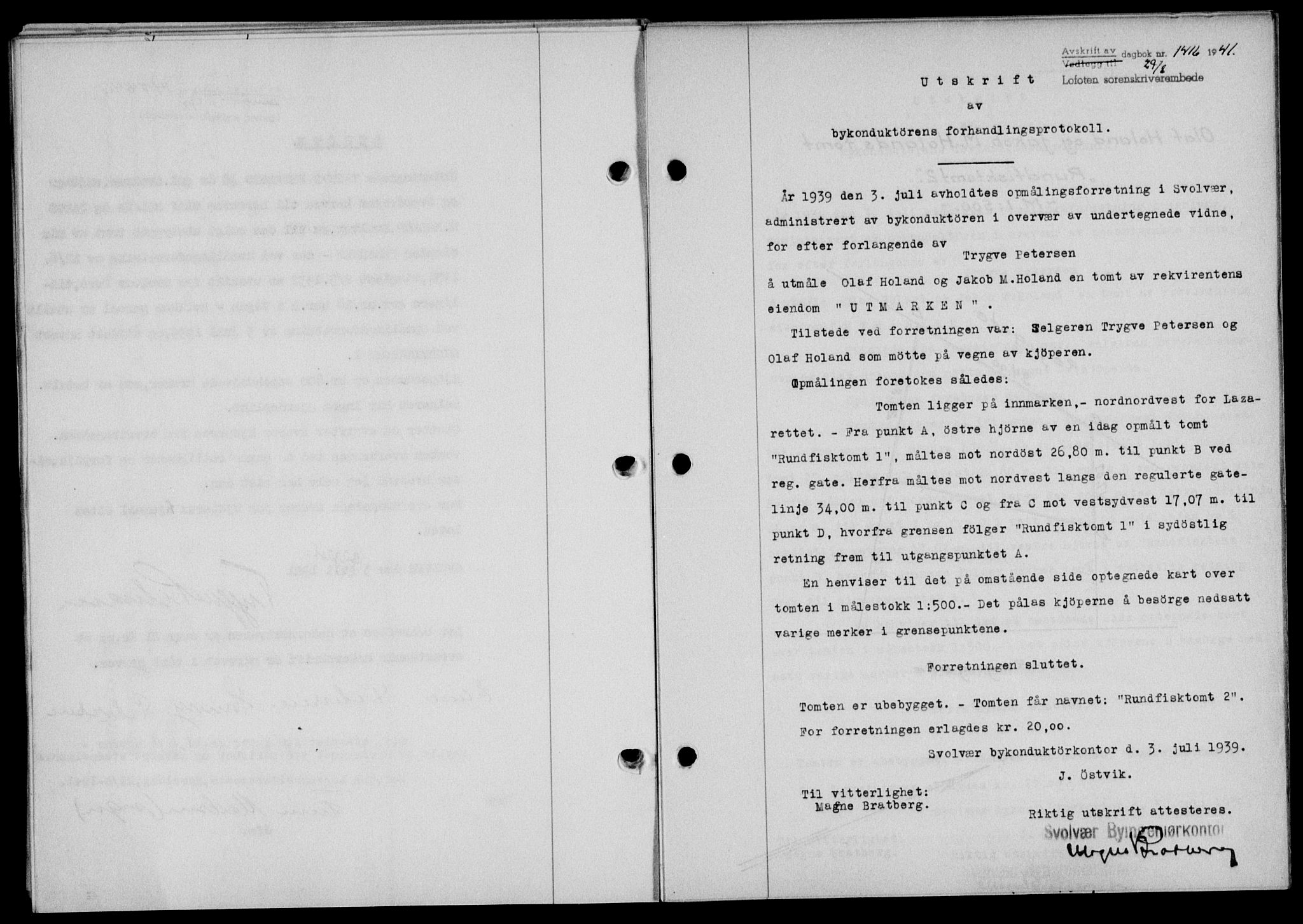 Lofoten sorenskriveri, SAT/A-0017/1/2/2C/L0008a: Mortgage book no. 8a, 1940-1941, Diary no: : 1416/1941