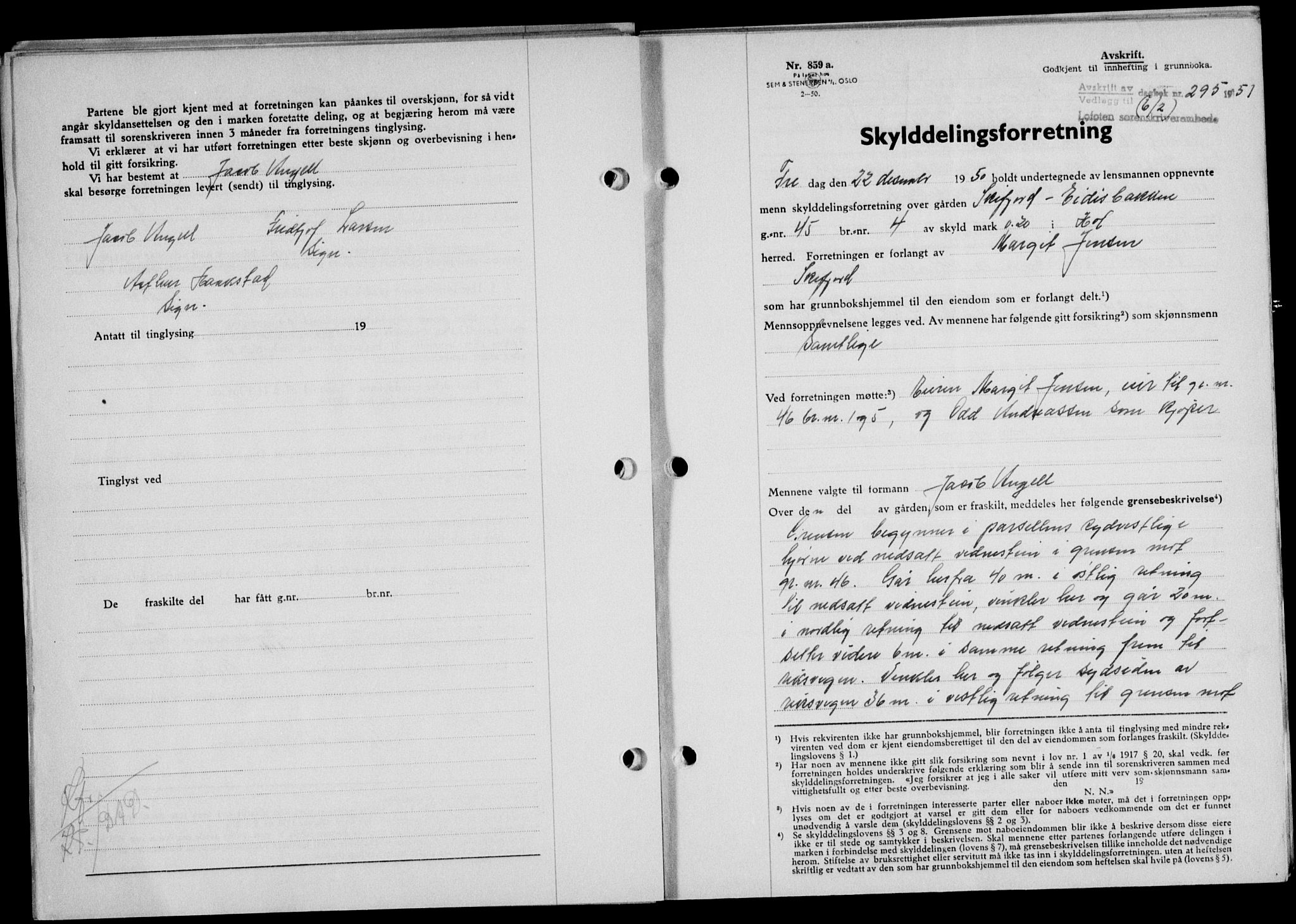 Lofoten sorenskriveri, SAT/A-0017/1/2/2C/L0025a: Mortgage book no. 25a, 1950-1951, Diary no: : 295/1951