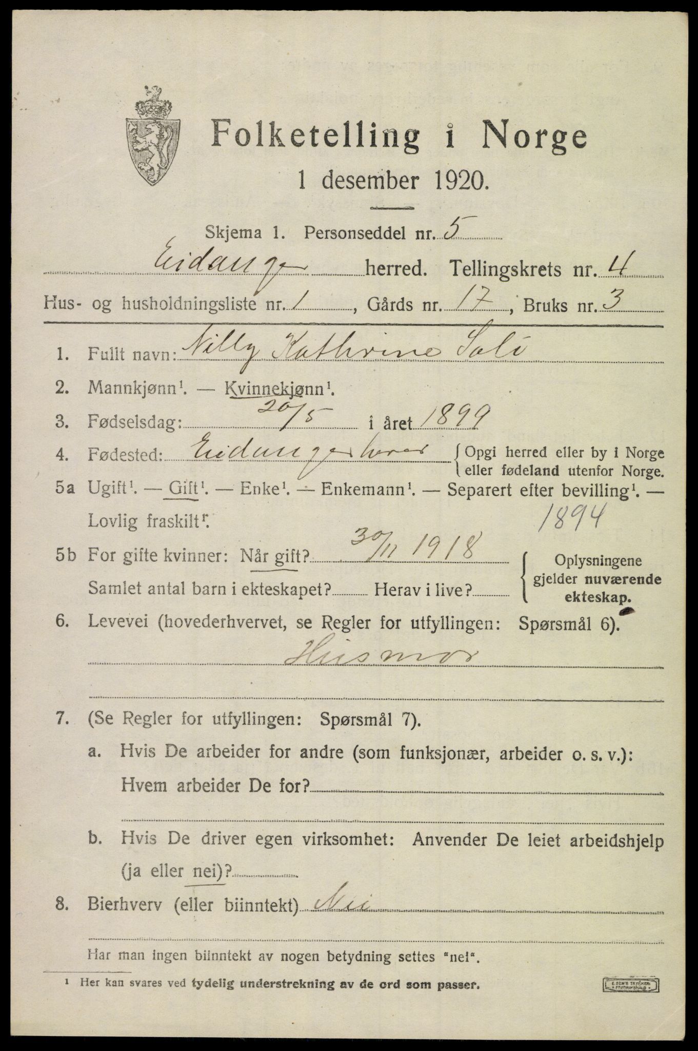 SAKO, 1920 census for Eidanger, 1920, p. 3900