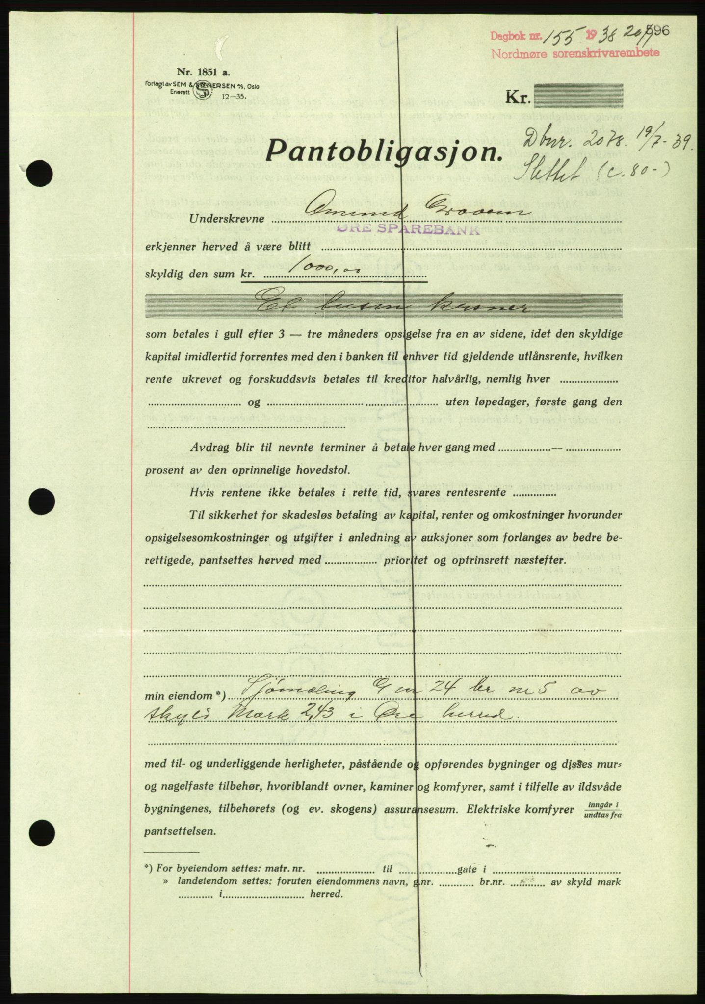 Nordmøre sorenskriveri, AV/SAT-A-4132/1/2/2Ca/L0092: Mortgage book no. B82, 1937-1938, Diary no: : 155/1938