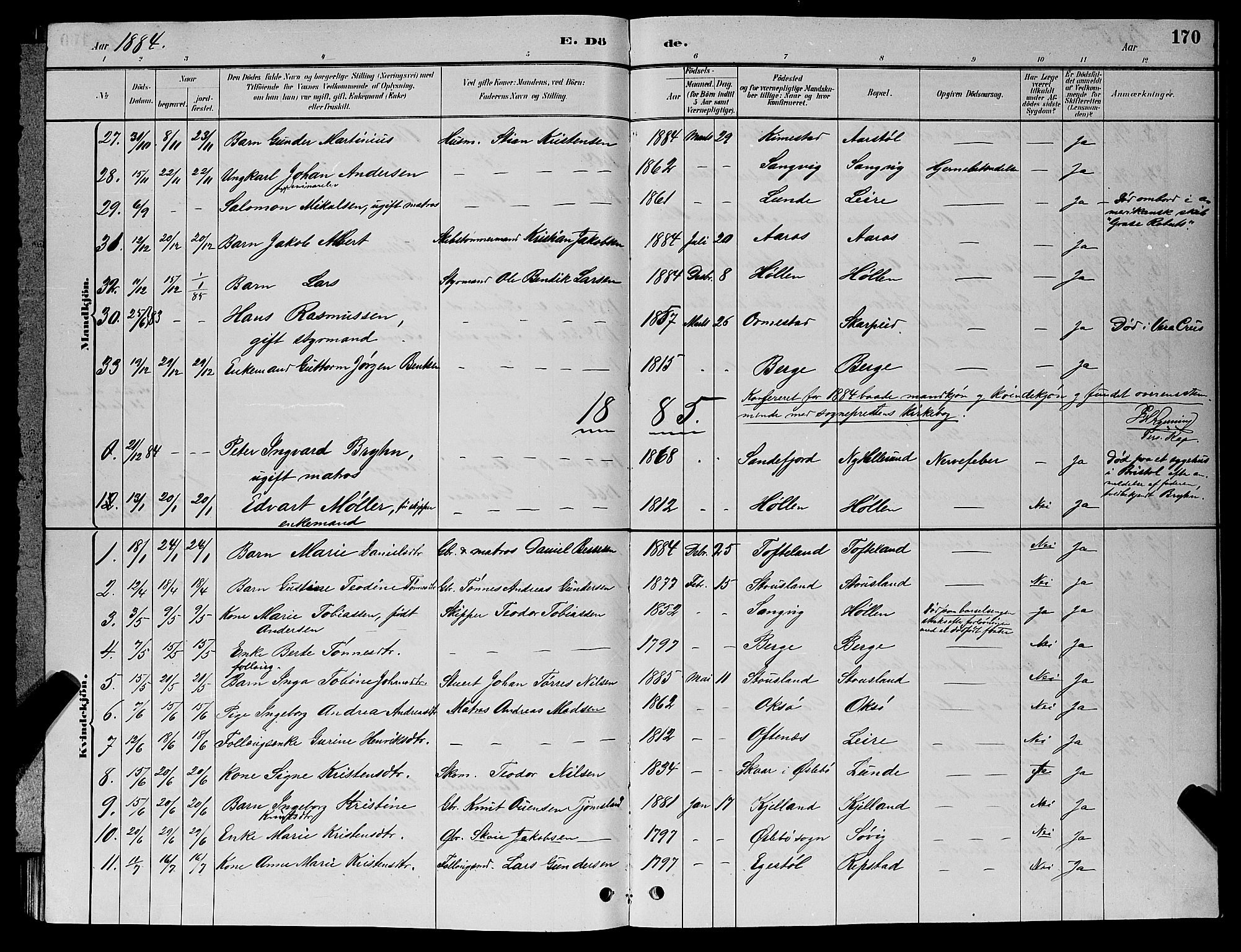Søgne sokneprestkontor, SAK/1111-0037/F/Fb/Fbb/L0005: Parish register (copy) no. B 5, 1884-1891, p. 170
