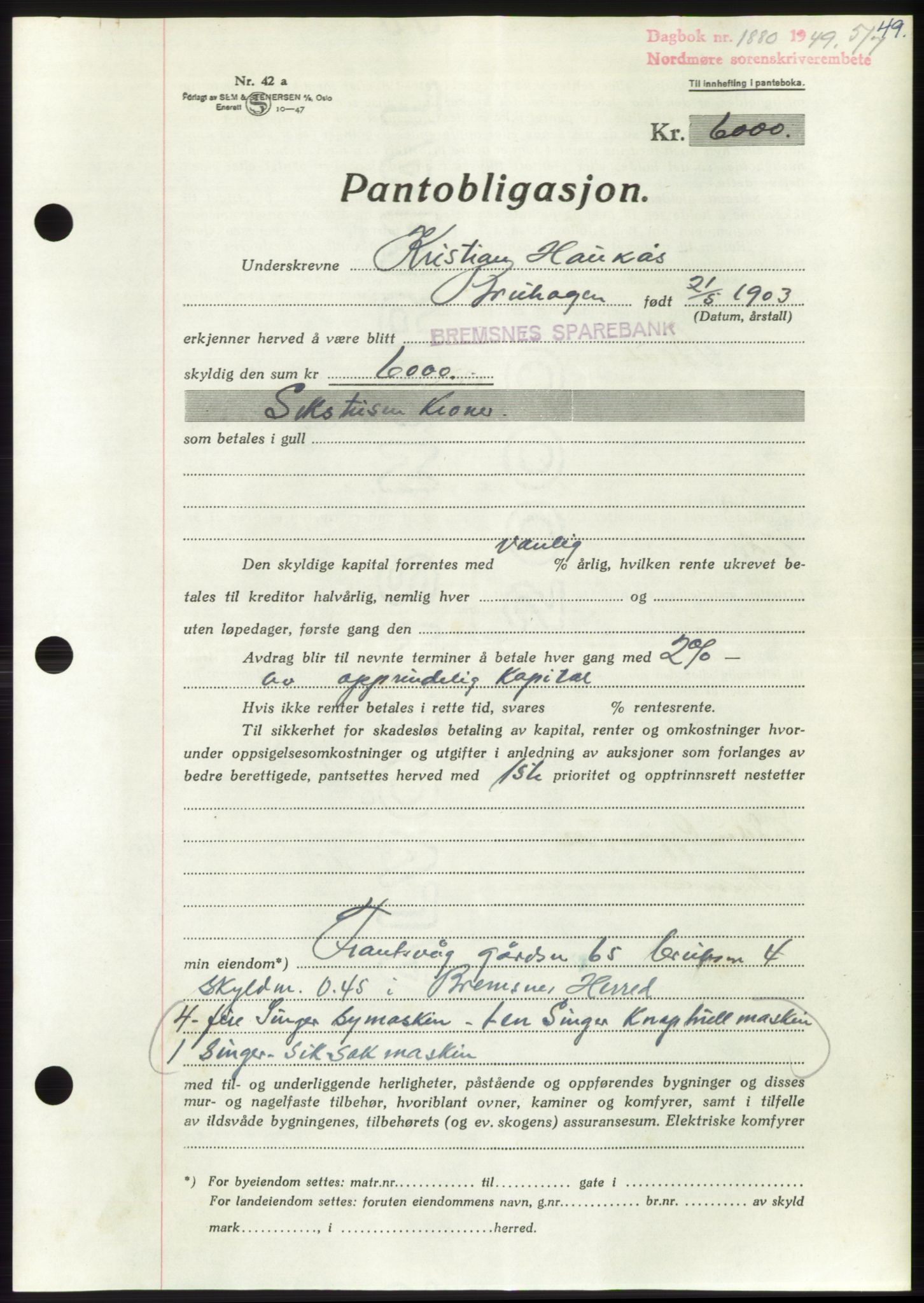 Nordmøre sorenskriveri, AV/SAT-A-4132/1/2/2Ca: Mortgage book no. B102, 1949-1949, Diary no: : 1880/1949