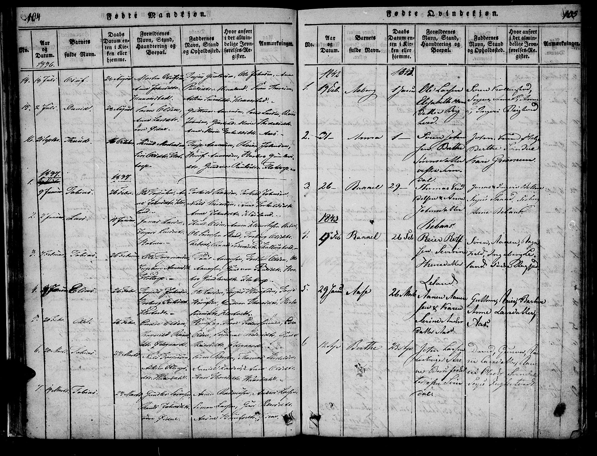 Bjelland sokneprestkontor, SAK/1111-0005/F/Fa/Fac/L0001: Parish register (official) no. A 1, 1815-1866, p. 104-105