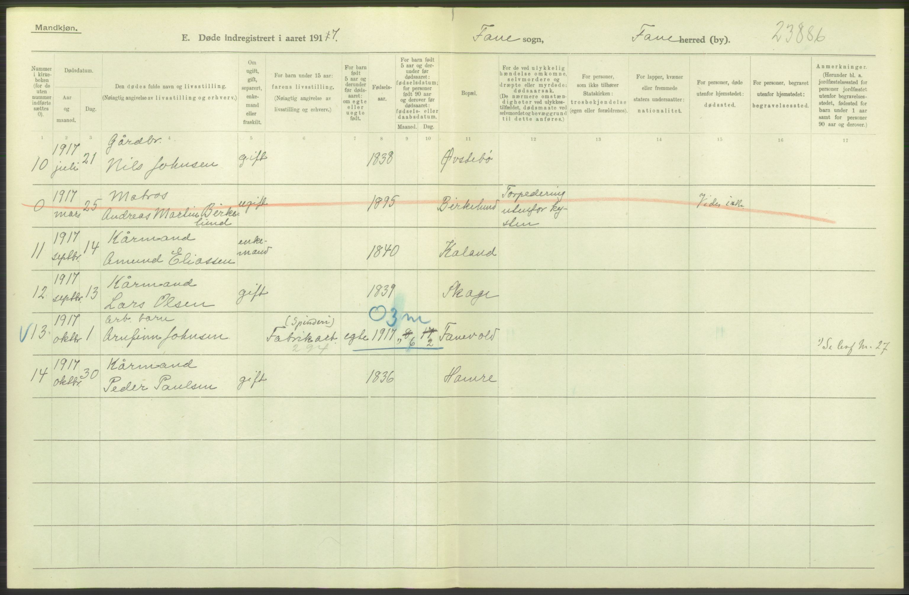 Statistisk sentralbyrå, Sosiodemografiske emner, Befolkning, RA/S-2228/D/Df/Dfb/Dfbg/L0036: S. Bergenhus amt: Døde, dødfødte. Bygder., 1917, p. 508