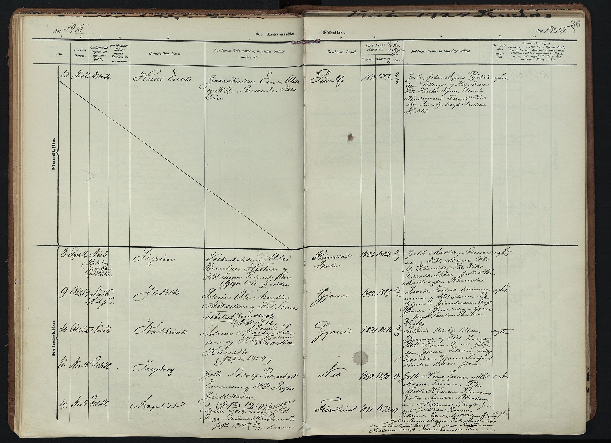 Hedrum kirkebøker, AV/SAKO-A-344/F/Fb/L0002: Parish register (official) no. II 2, 1906-1924, p. 36