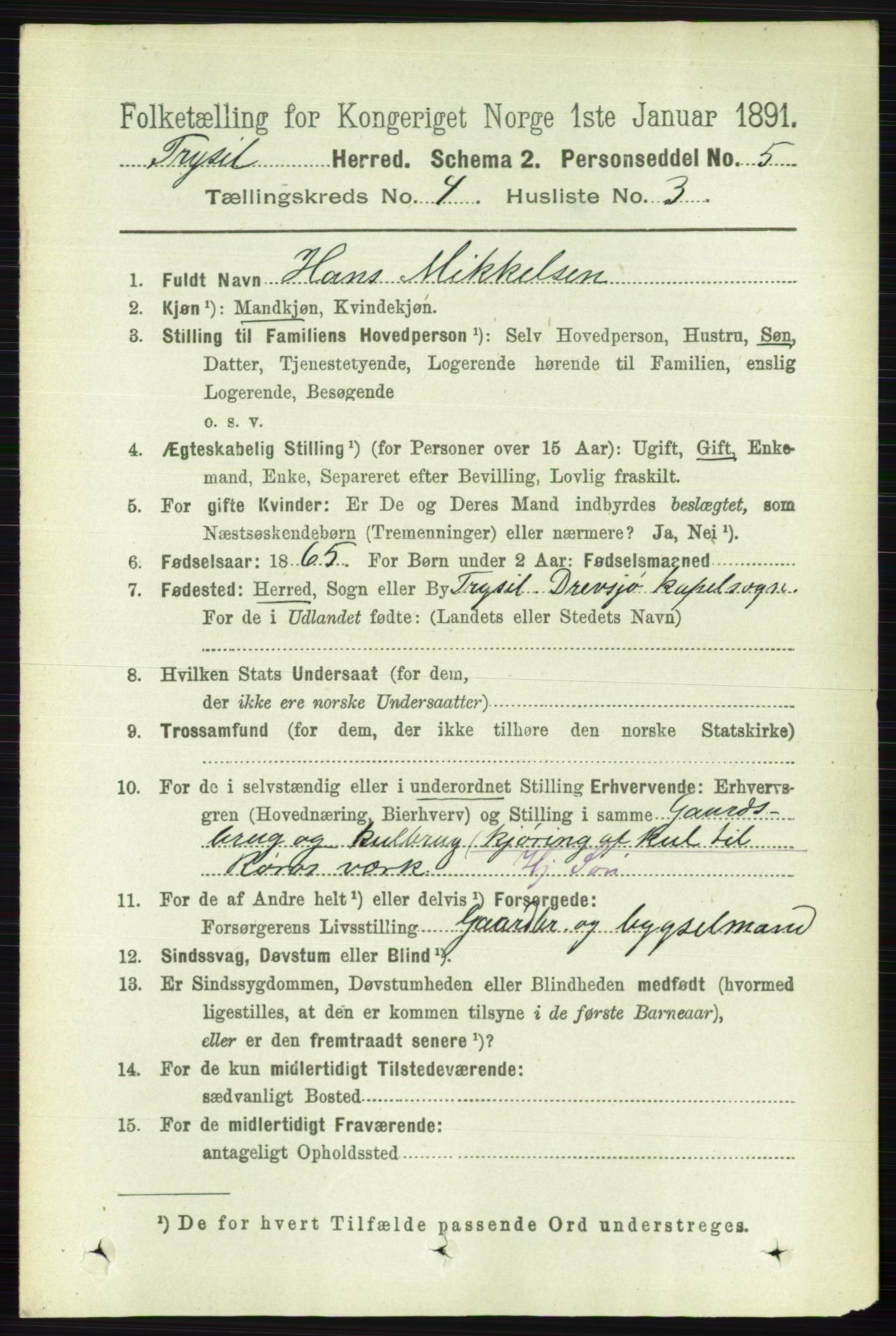 RA, 1891 census for 0428 Trysil, 1891, p. 1858