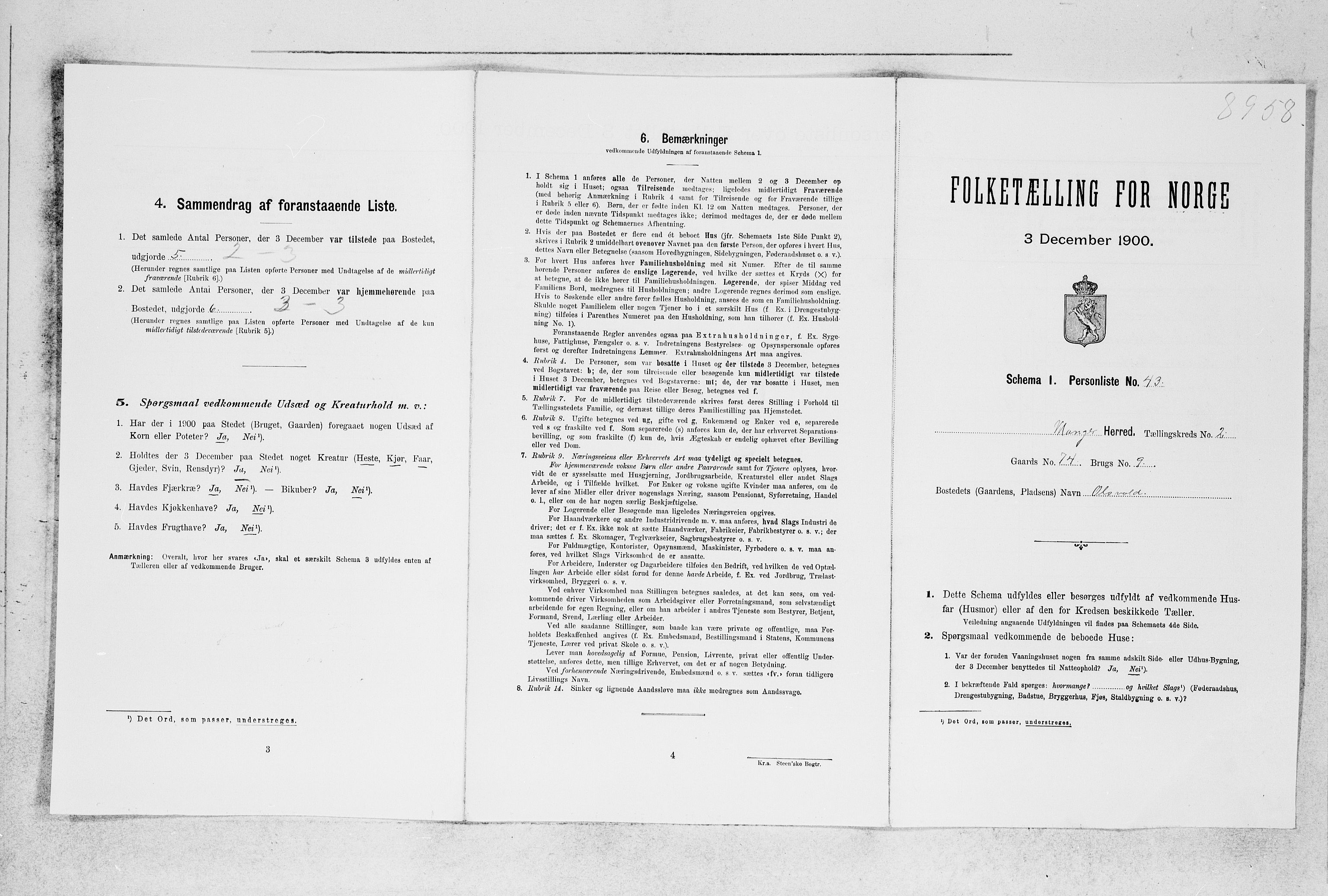 SAB, 1900 census for Manger, 1900, p. 364