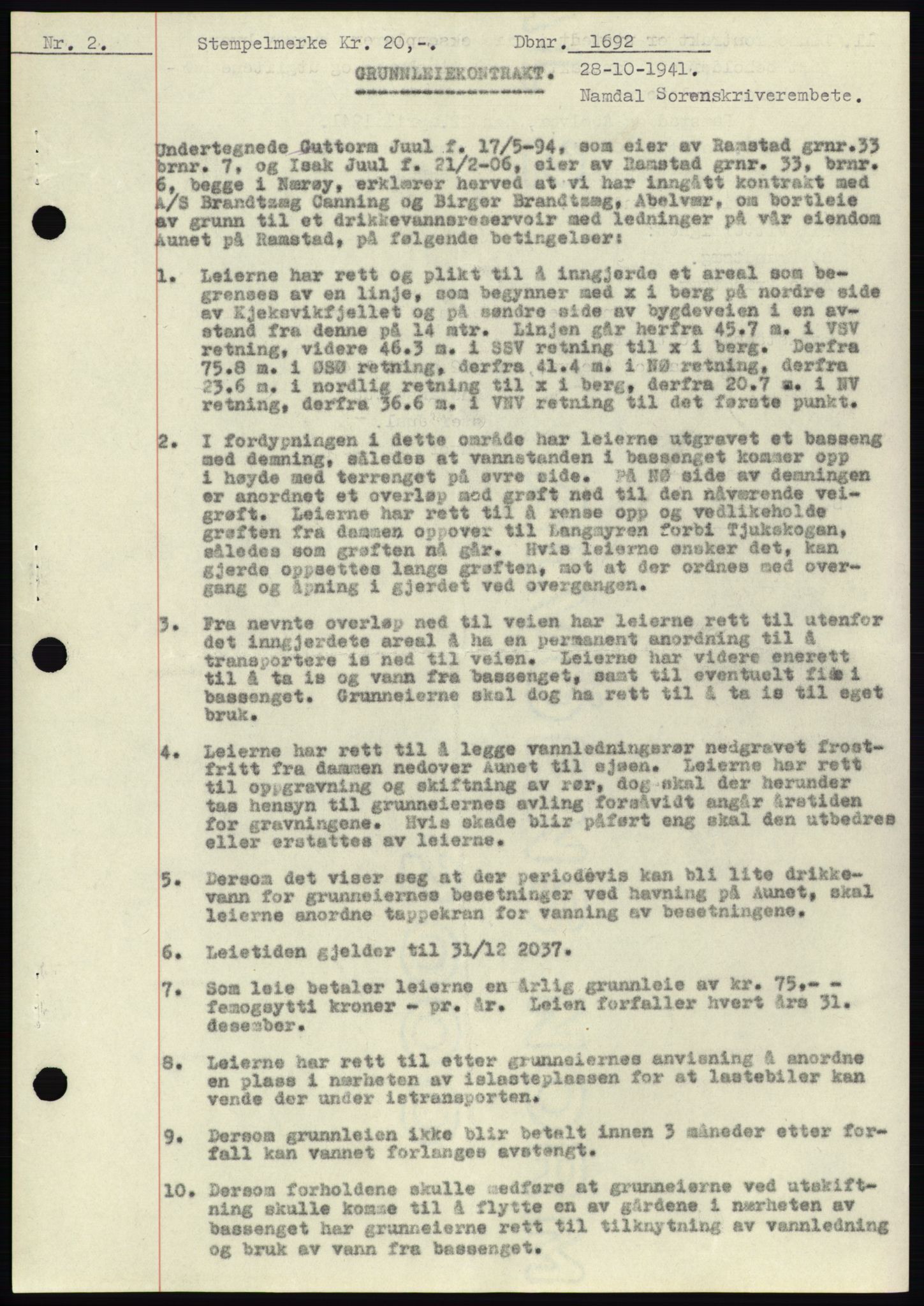 Namdal sorenskriveri, AV/SAT-A-4133/1/2/2C: Mortgage book no. -, 1941-1942, Diary no: : 1692/1941