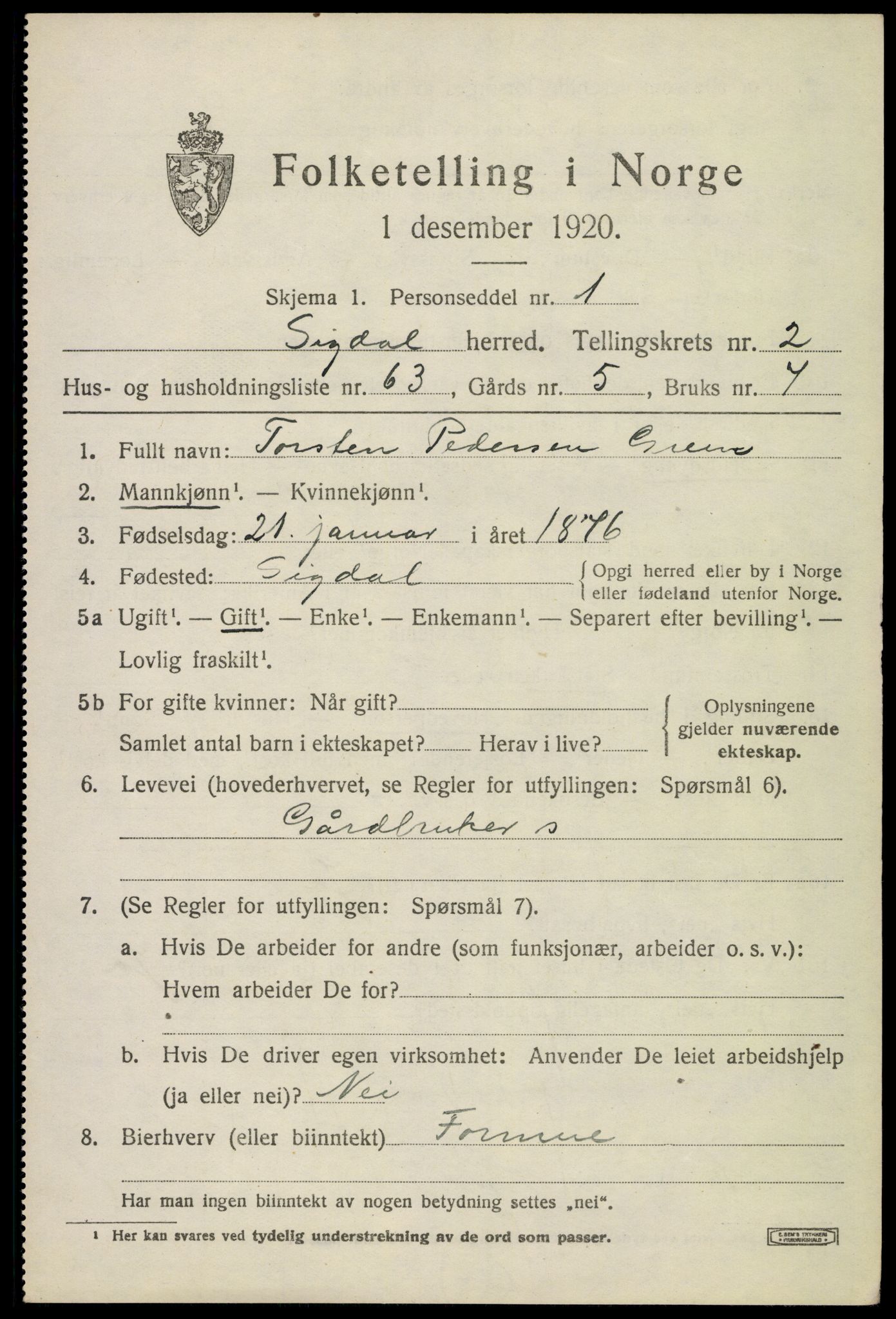 SAKO, 1920 census for Sigdal, 1920, p. 2728