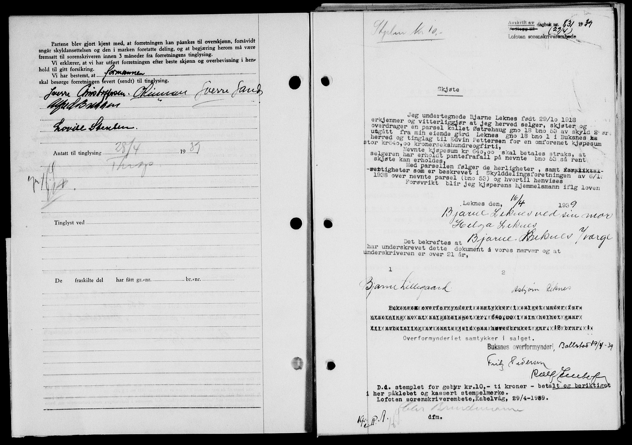 Lofoten sorenskriveri, SAT/A-0017/1/2/2C/L0005a: Mortgage book no. 5a, 1939-1939, Diary no: : 831/1939