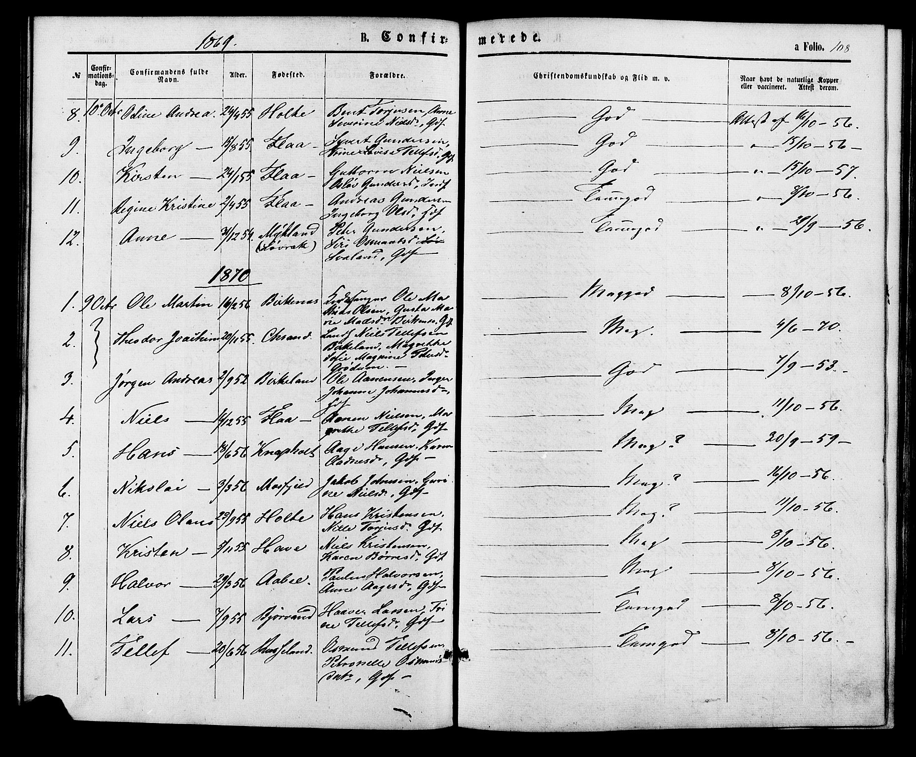 Birkenes sokneprestkontor, AV/SAK-1111-0004/F/Fa/L0004: Parish register (official) no. A 4, 1867-1886, p. 108