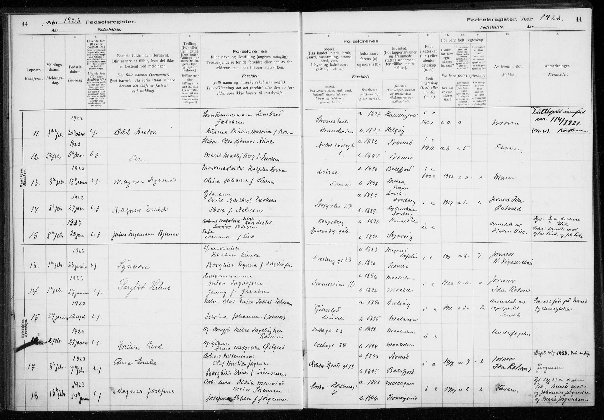 Tromsø sokneprestkontor/stiftsprosti/domprosti, AV/SATØ-S-1343/H/Ha/L0132: Birth register no. 132, 1921-1927, p. 44