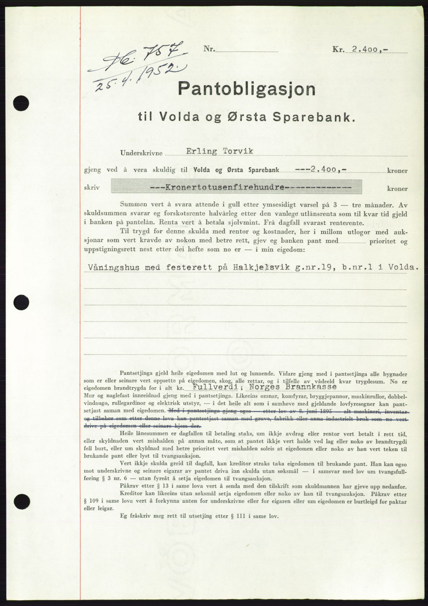 Søre Sunnmøre sorenskriveri, AV/SAT-A-4122/1/2/2C/L0121: Mortgage book no. 9B, 1951-1952, Diary no: : 757/1952