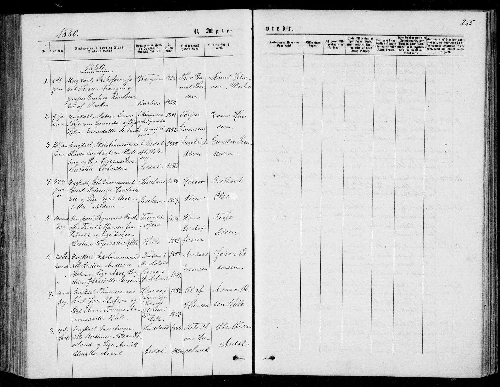 Øyestad sokneprestkontor, AV/SAK-1111-0049/F/Fb/L0008: Parish register (copy) no. B 8, 1872-1886, p. 265