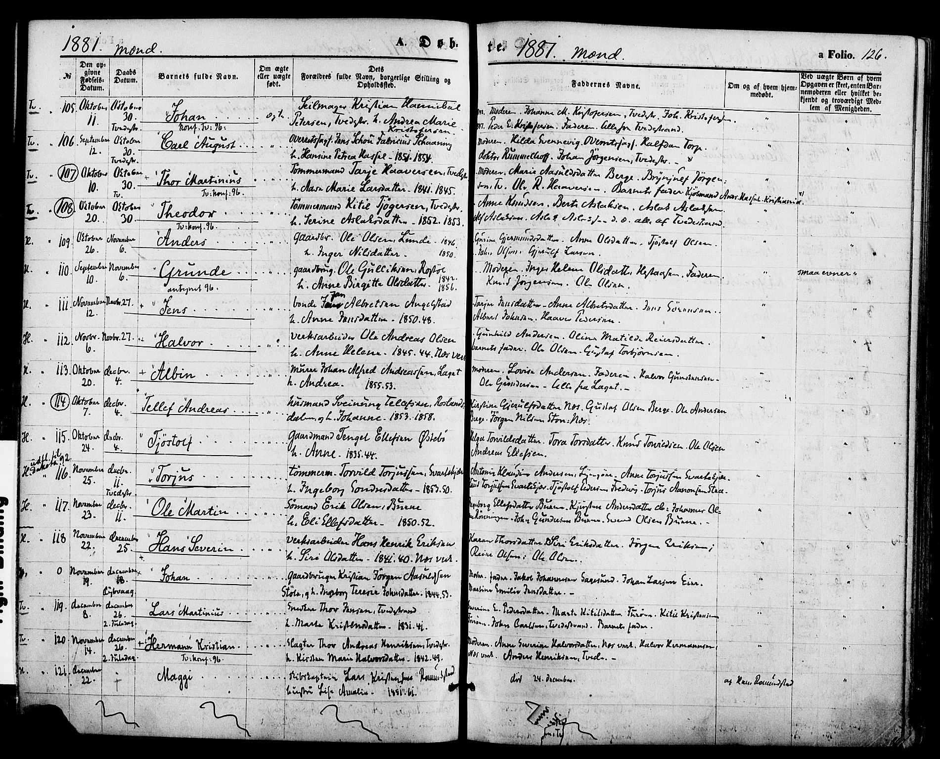 Holt sokneprestkontor, SAK/1111-0021/F/Fa/L0010: Parish register (official) no. A 10, 1872-1885, p. 126