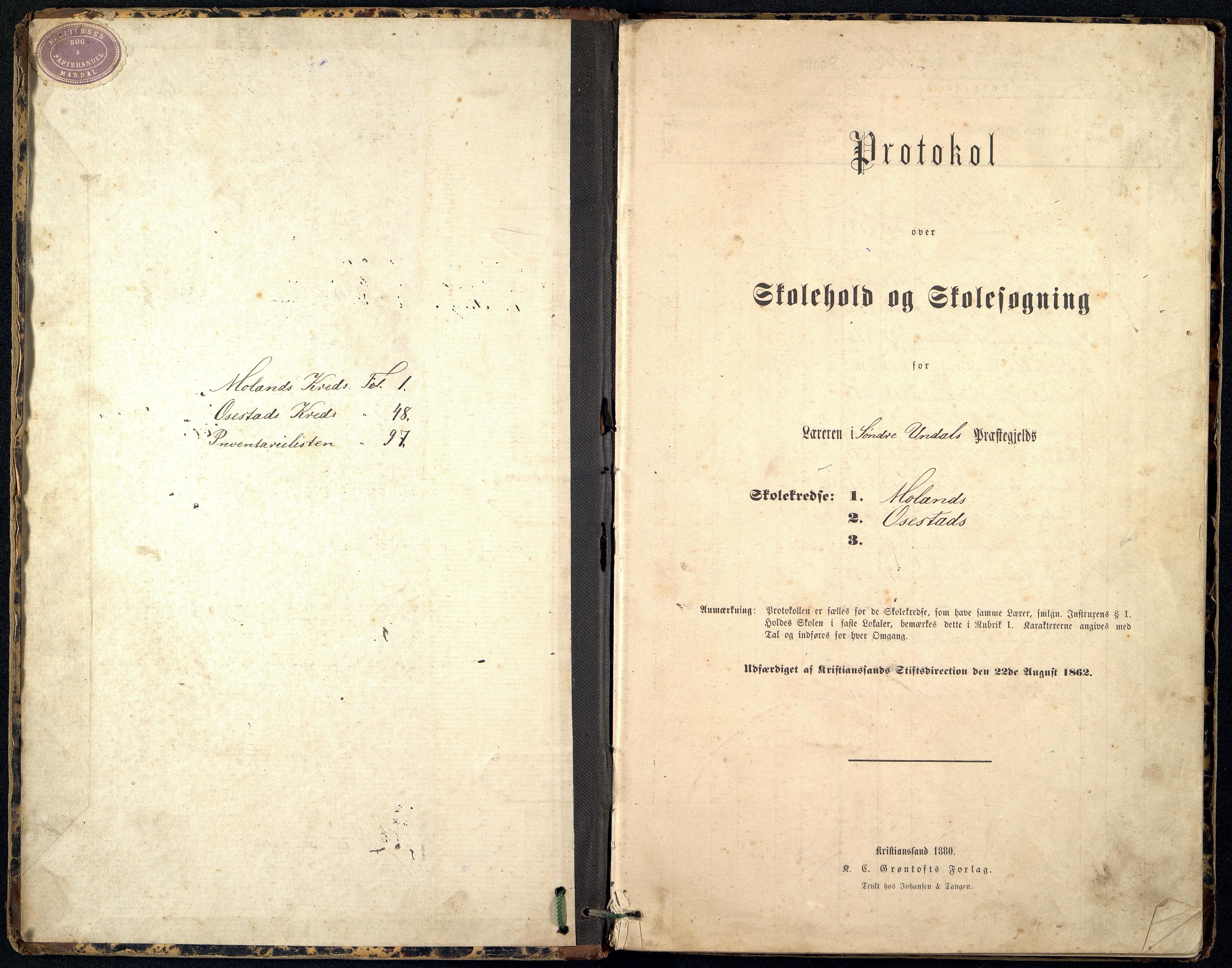 Sør-Audnedal kommune - Moland Skole, ARKSOR/1029SØ557/G/L0001: Skoleprotokoll, 1880-1900