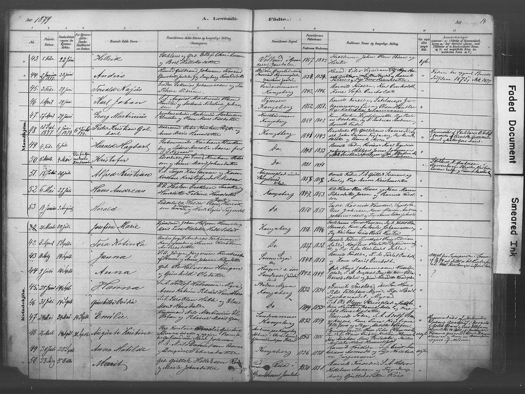 Kongsberg kirkebøker, AV/SAKO-A-22/F/Fb/L0001: Parish register (official) no. II 1, 1878-1886, p. 14