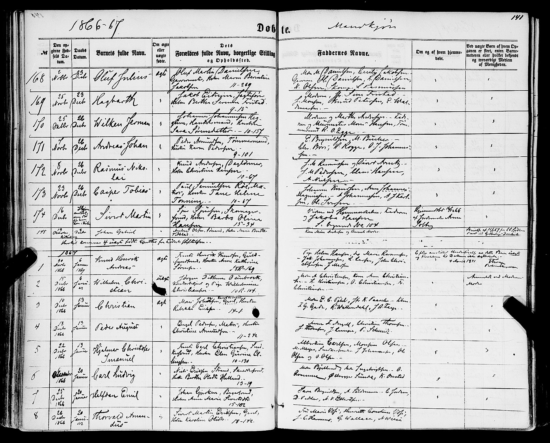 Domkirken sokneprestembete, SAB/A-74801/H/Haa/L0021: Parish register (official) no. B 4, 1859-1871, p. 141