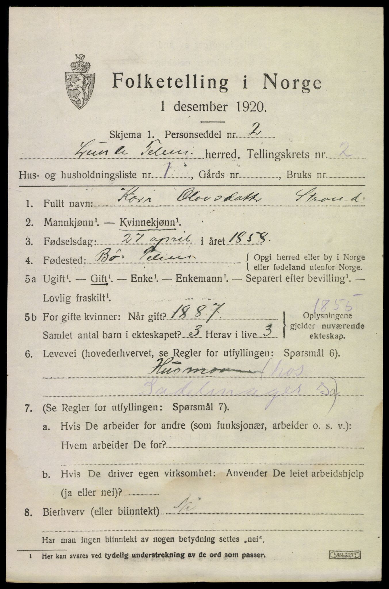 SAKO, 1920 census for Lunde, 1920, p. 1629