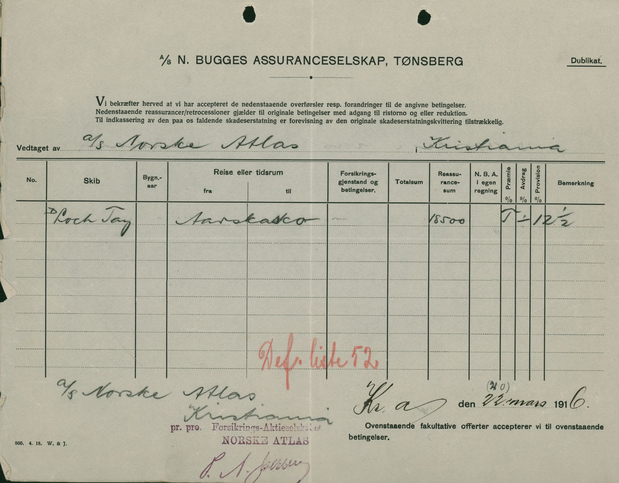 Pa 664 - Tønsberg Sjøforsikringsselskap, VEMU/A-1773/F/L0001: Forsikringspoliser, 1915-1918