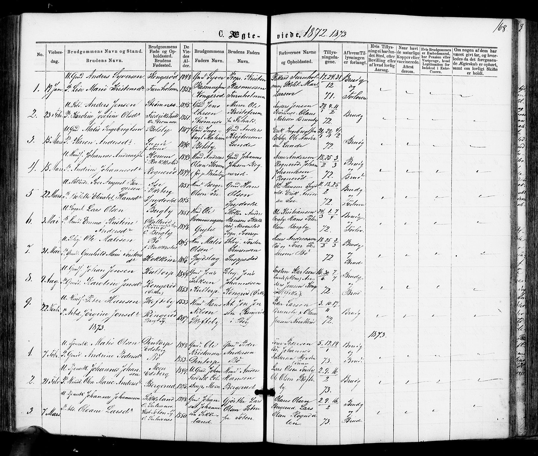 Varteig prestekontor Kirkebøker, SAO/A-10447a/F/Fa/L0001: Parish register (official) no. 1, 1861-1877, p. 168