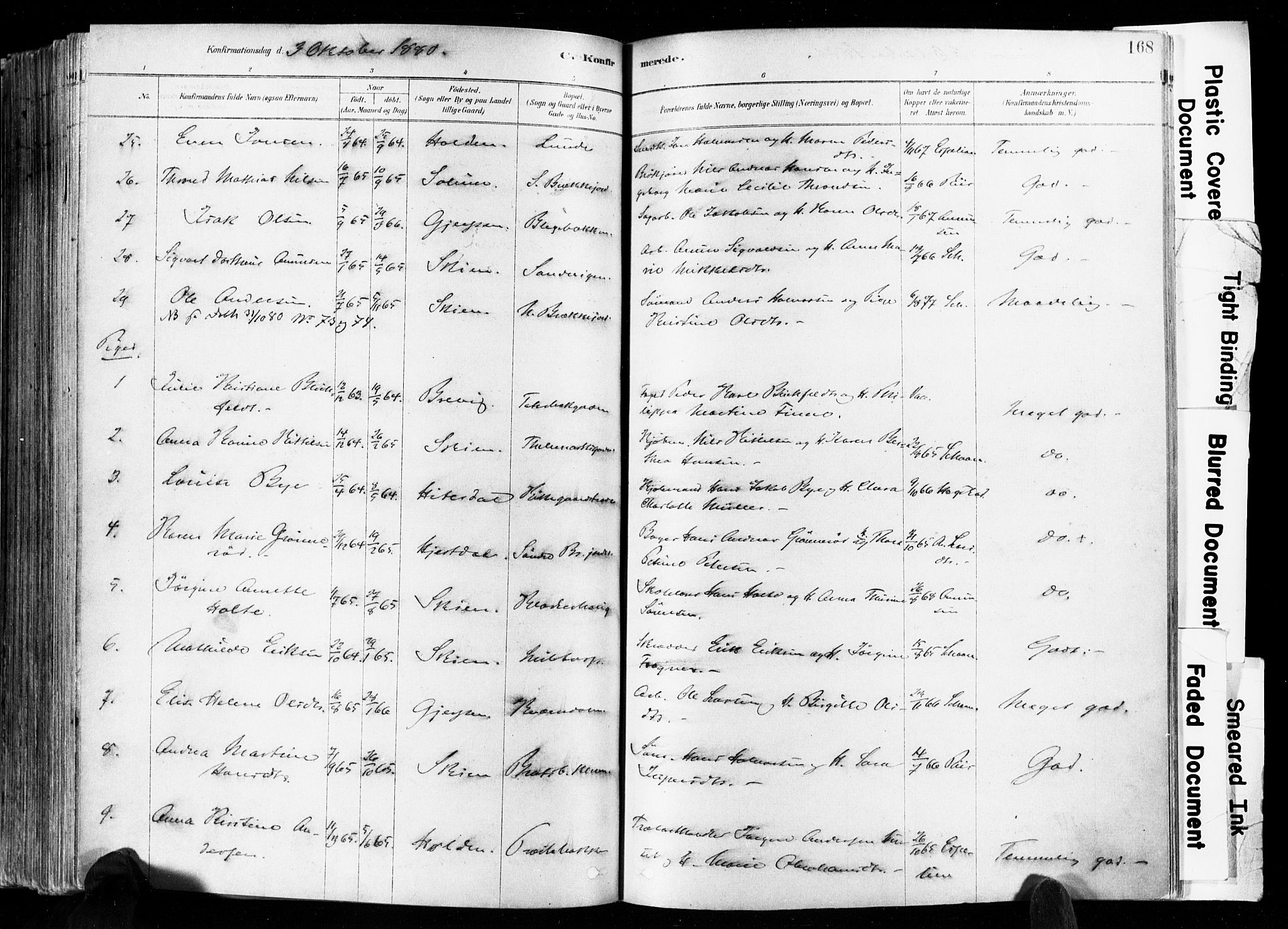 Skien kirkebøker, AV/SAKO-A-302/F/Fa/L0009: Parish register (official) no. 9, 1878-1890, p. 168