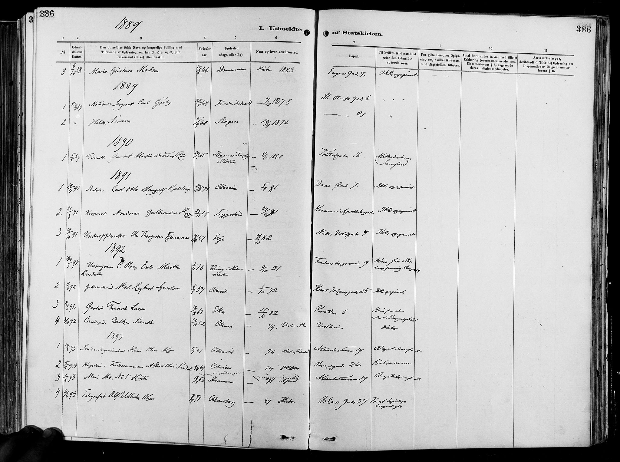 Garnisonsmenigheten Kirkebøker, SAO/A-10846/F/Fa/L0012: Parish register (official) no. 12, 1880-1893, p. 386