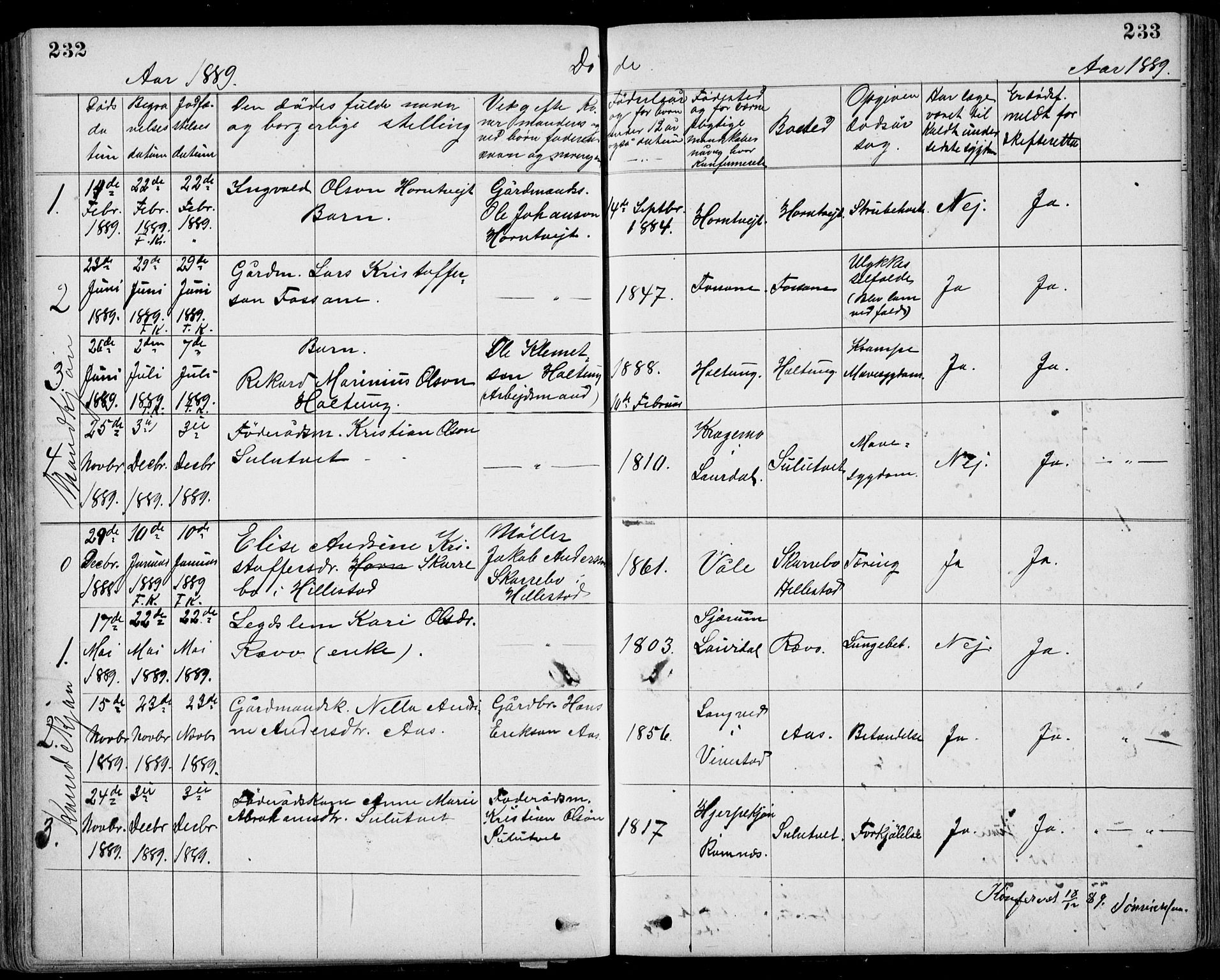 Ramnes kirkebøker, AV/SAKO-A-314/G/Gb/L0001: Parish register (copy) no. II 1, 1869-1904, p. 232-233