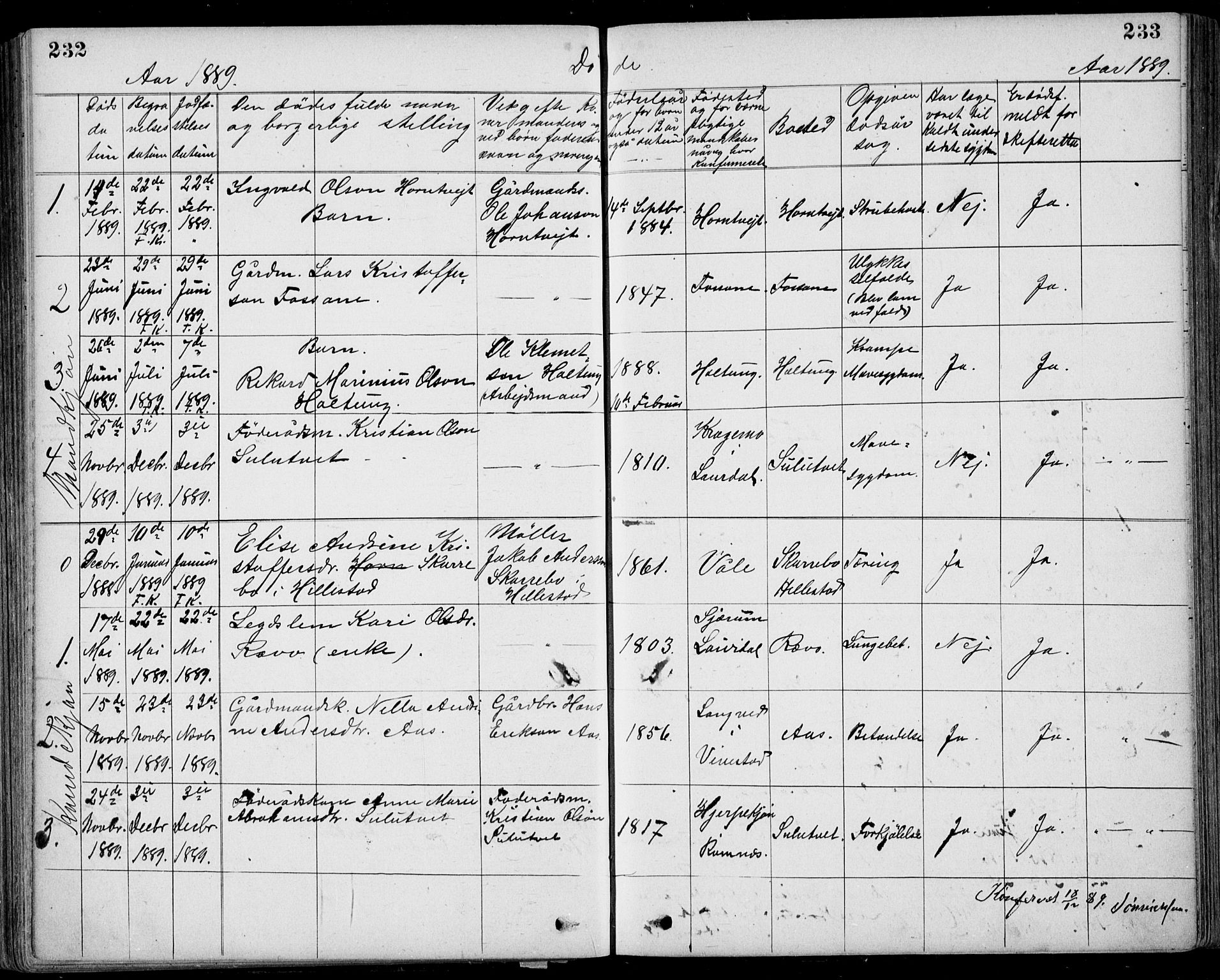 Ramnes kirkebøker, SAKO/A-314/G/Gb/L0001: Parish register (copy) no. II 1, 1869-1904, p. 232-233