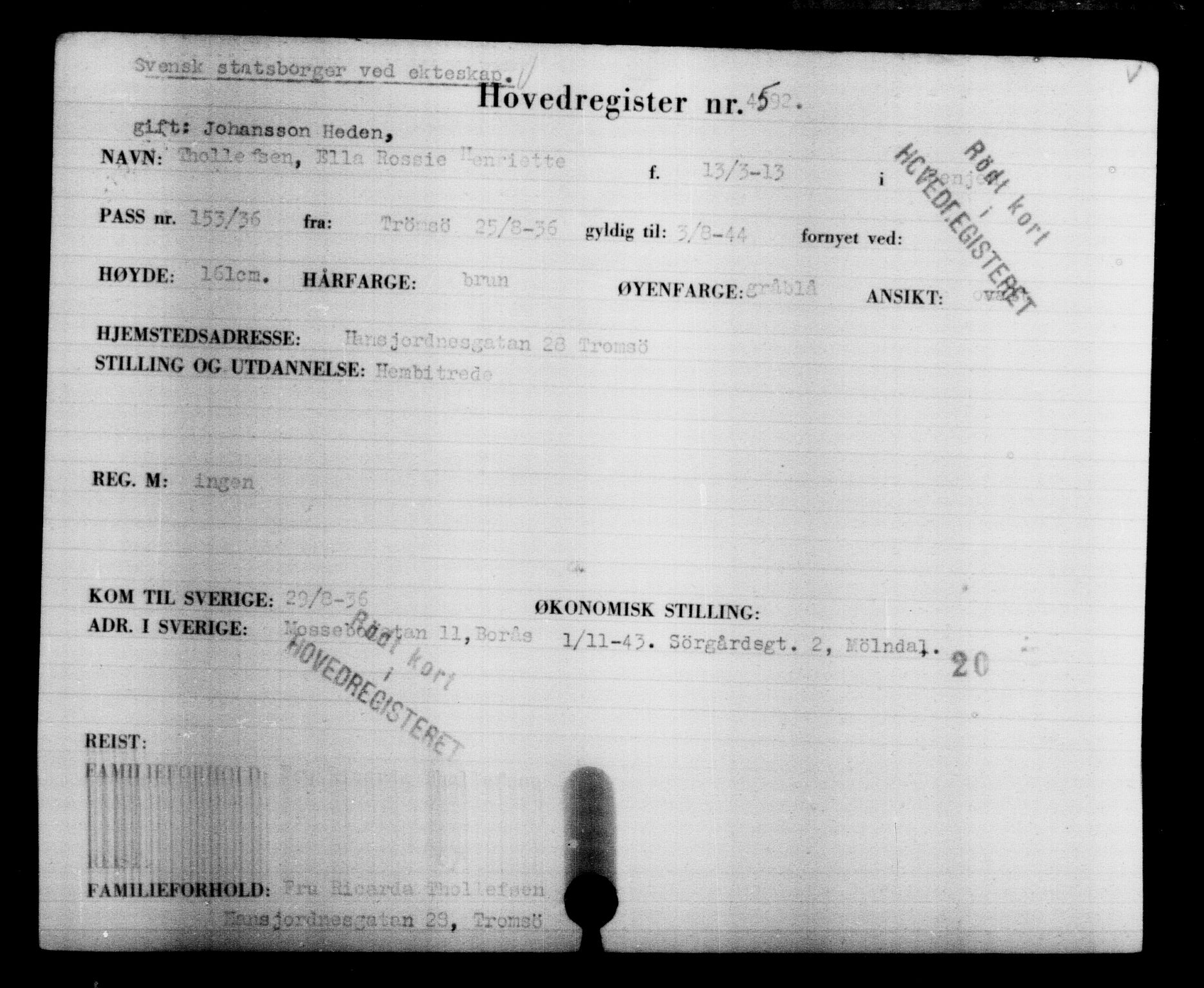 Utenriksstasjonene, Legasjonen i Stockholm, Flyktningkontoret, AV/RA-S-6753/V/Va/L0004: Kjesäterkartoteket, flyktninger med registreringsnr. 3496-6610, 1940-1945, p. 1301