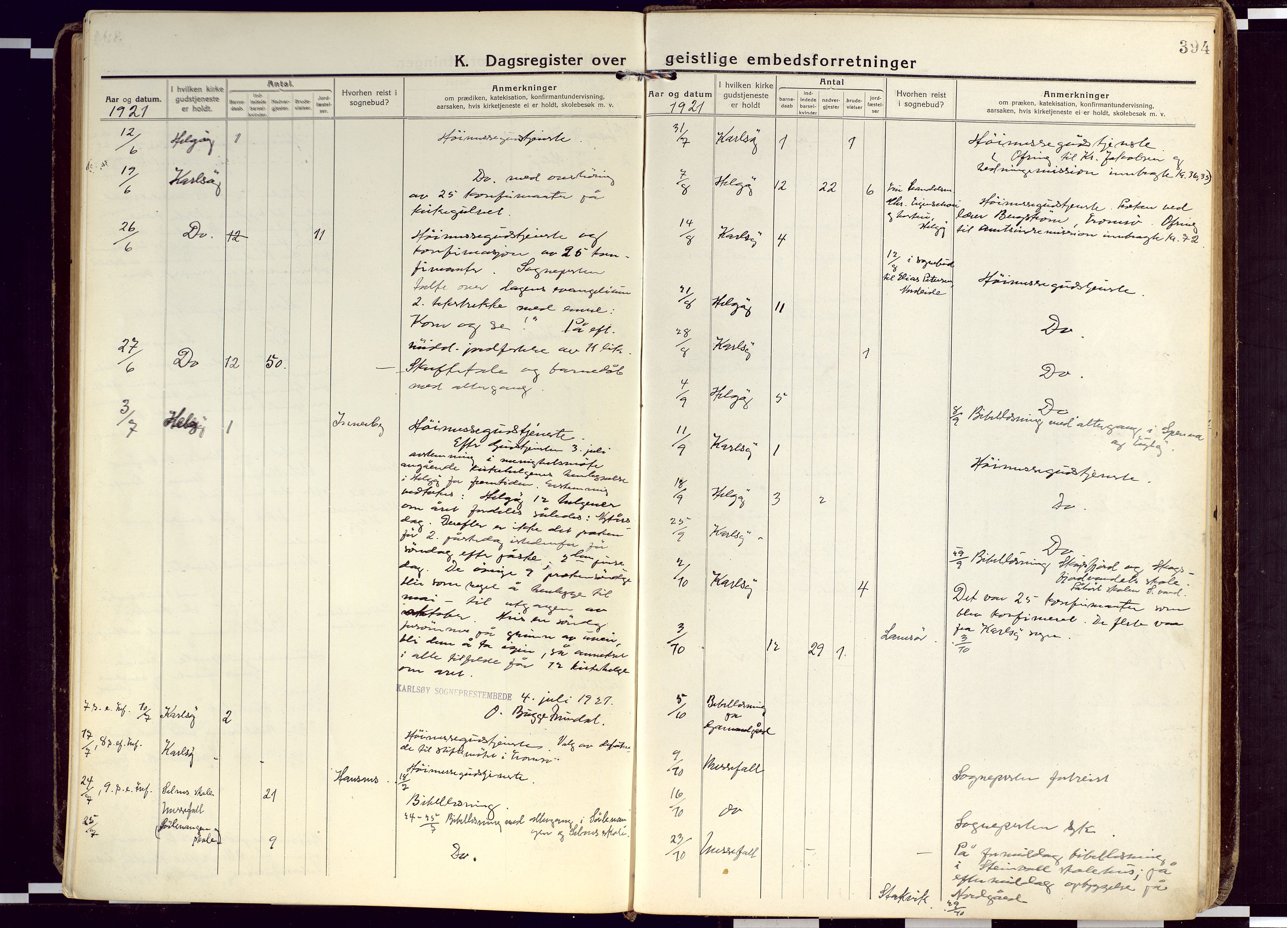 Karlsøy sokneprestembete, AV/SATØ-S-1299/H/Ha/Haa/L0015kirke: Parish register (official) no. 15, 1918-1929, p. 394