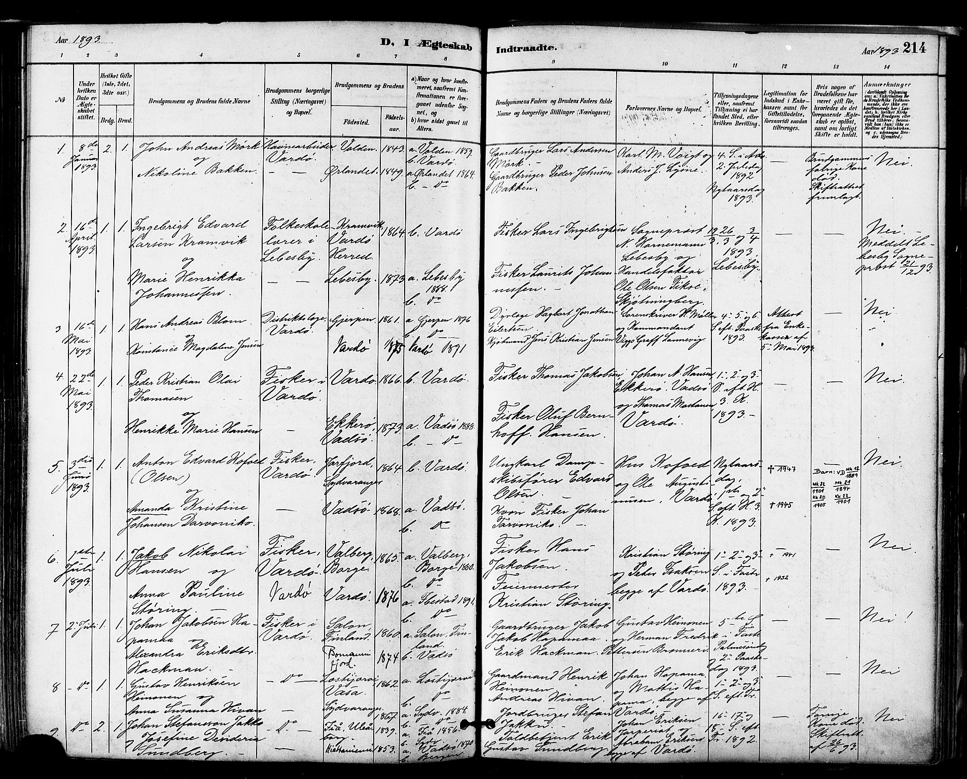 Vardø sokneprestkontor, AV/SATØ-S-1332/H/Ha/L0007kirke: Parish register (official) no. 7, 1886-1897, p. 214