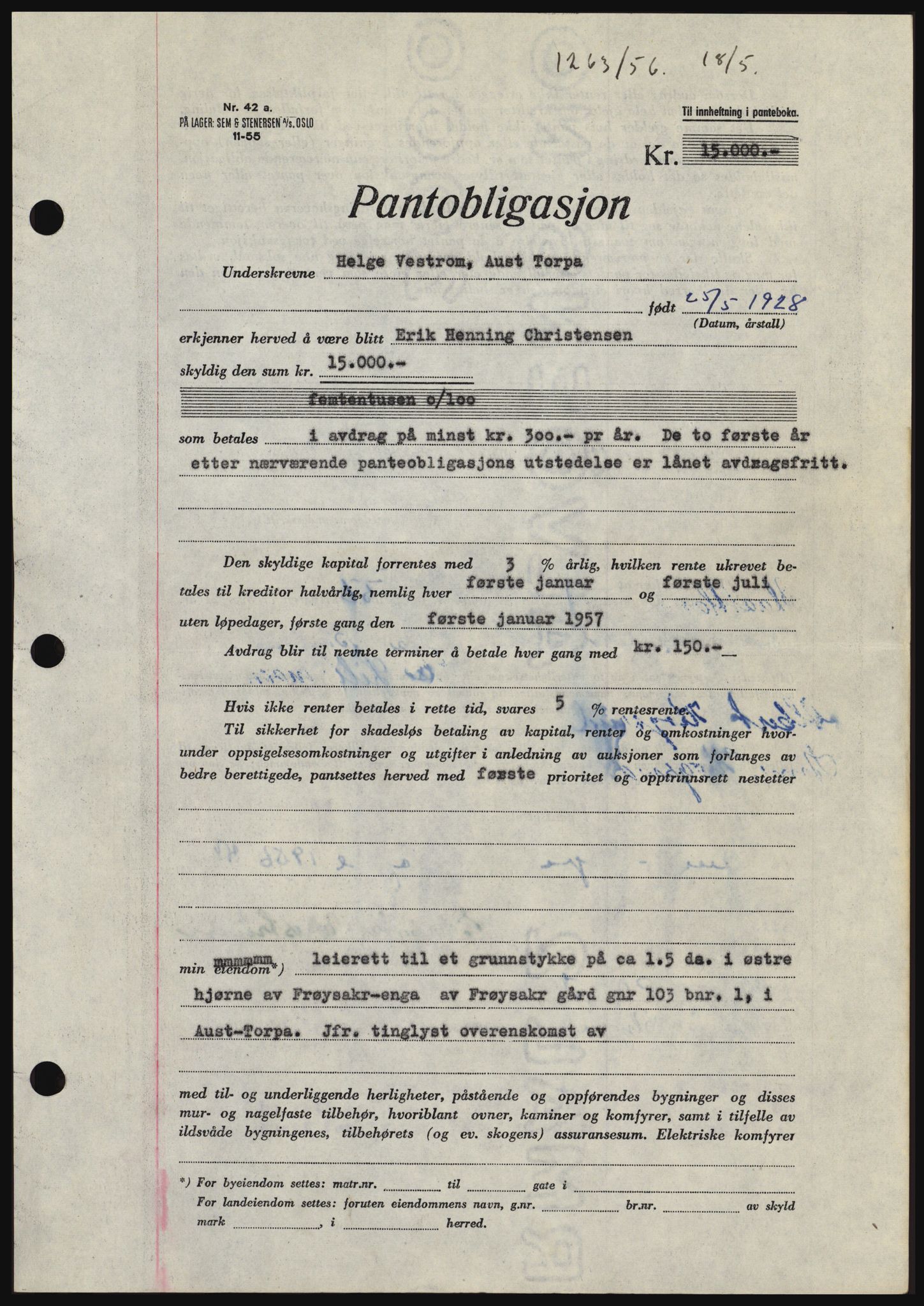 Hadeland og Land tingrett, SAH/TING-010/H/Hb/Hbc/L0034: Mortgage book no. B34, 1956-1956, Diary no: : 1263/1956