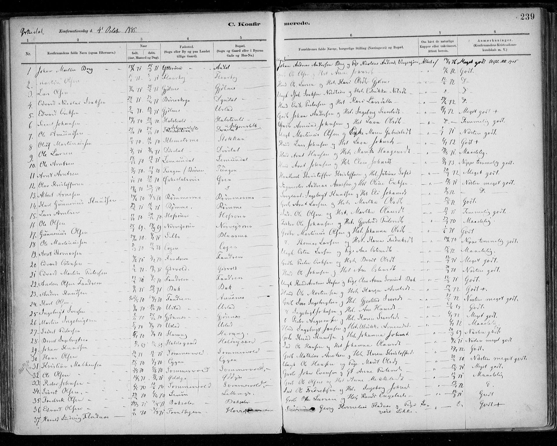 Ministerialprotokoller, klokkerbøker og fødselsregistre - Sør-Trøndelag, SAT/A-1456/668/L0809: Parish register (official) no. 668A09, 1881-1895, p. 239
