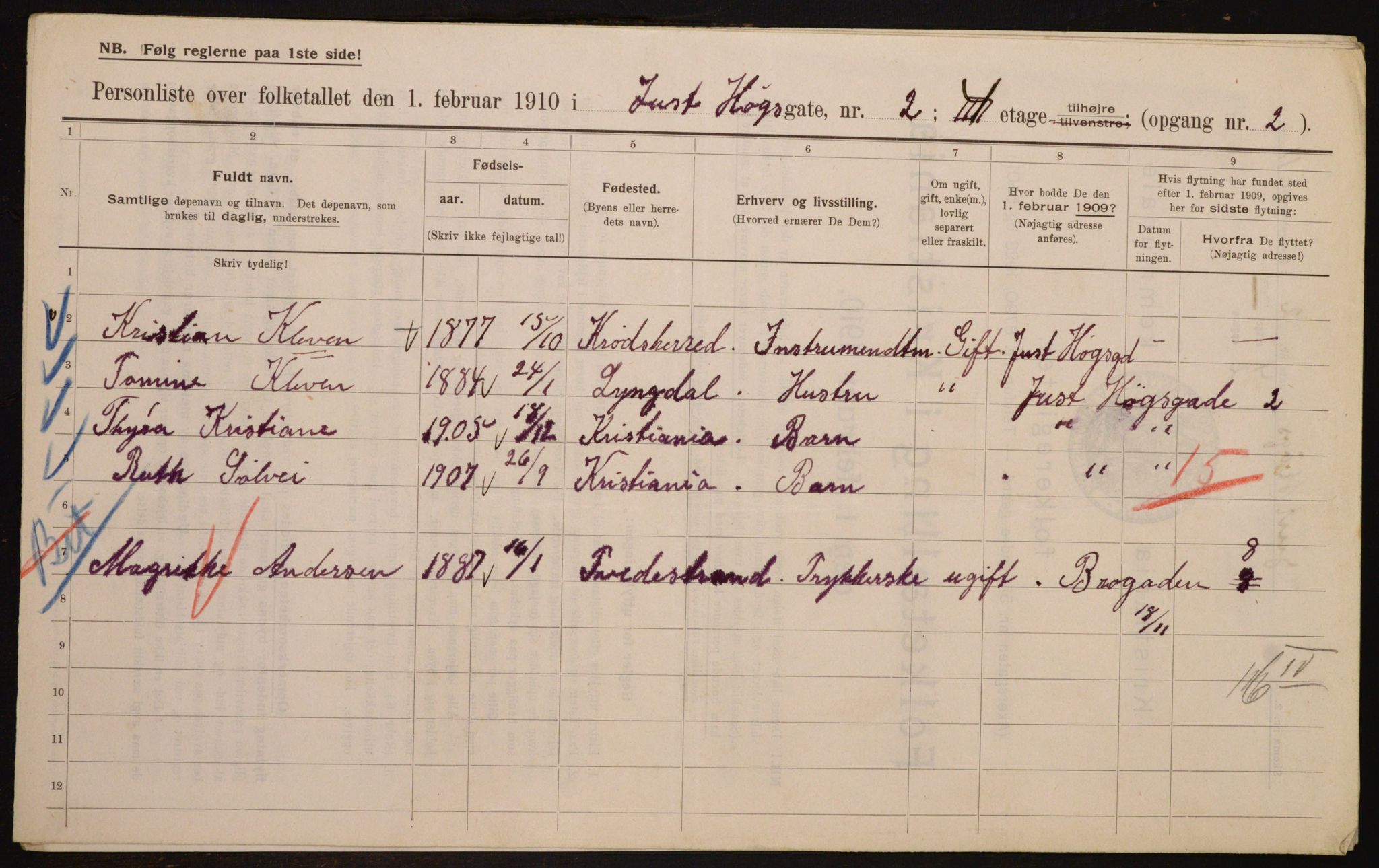 OBA, Municipal Census 1910 for Kristiania, 1910, p. 46285