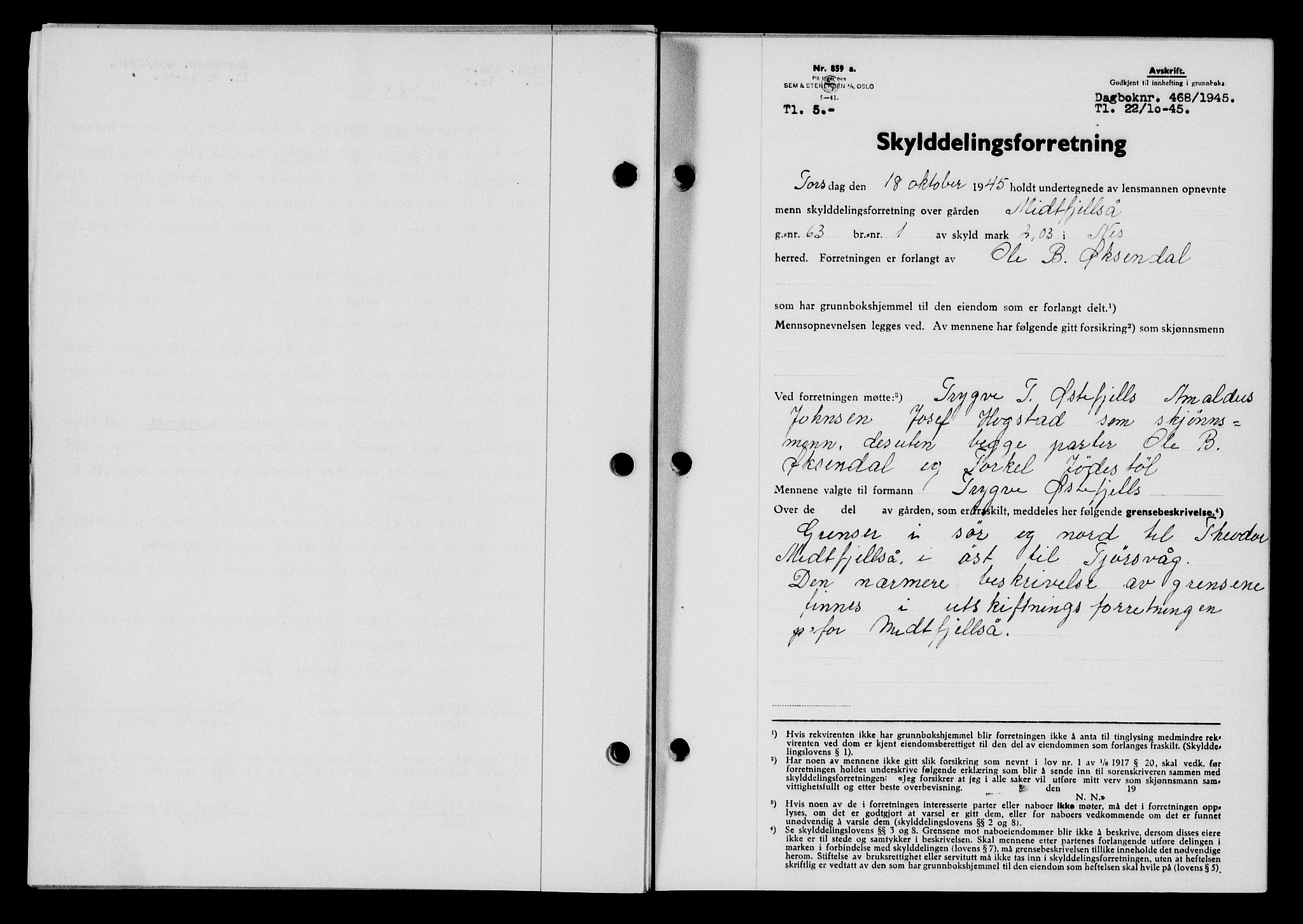 Flekkefjord sorenskriveri, SAK/1221-0001/G/Gb/Gba/L0060: Mortgage book no. A-8, 1945-1946, Diary no: : 468/1945