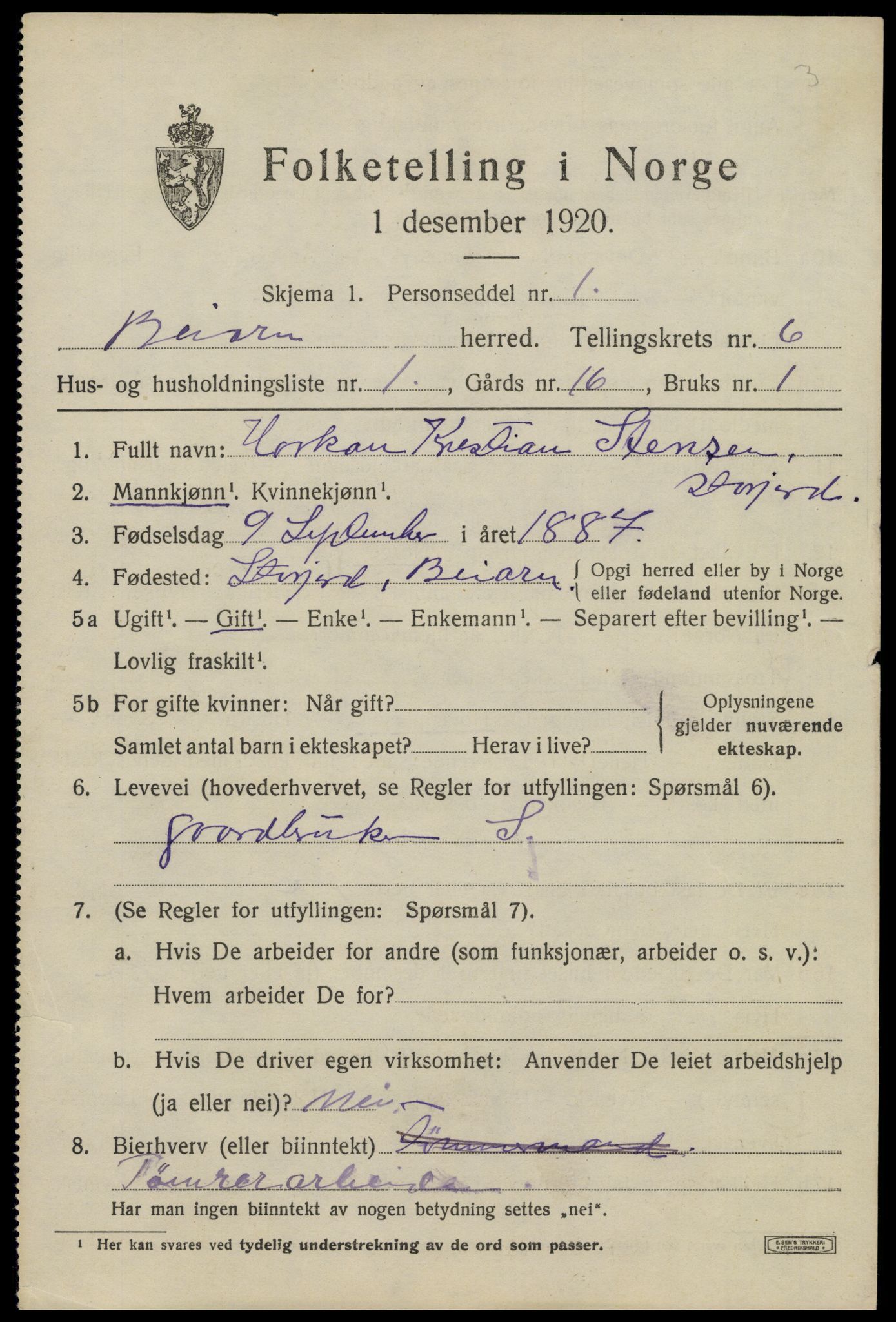 SAT, 1920 census for Beiarn, 1920, p. 2872