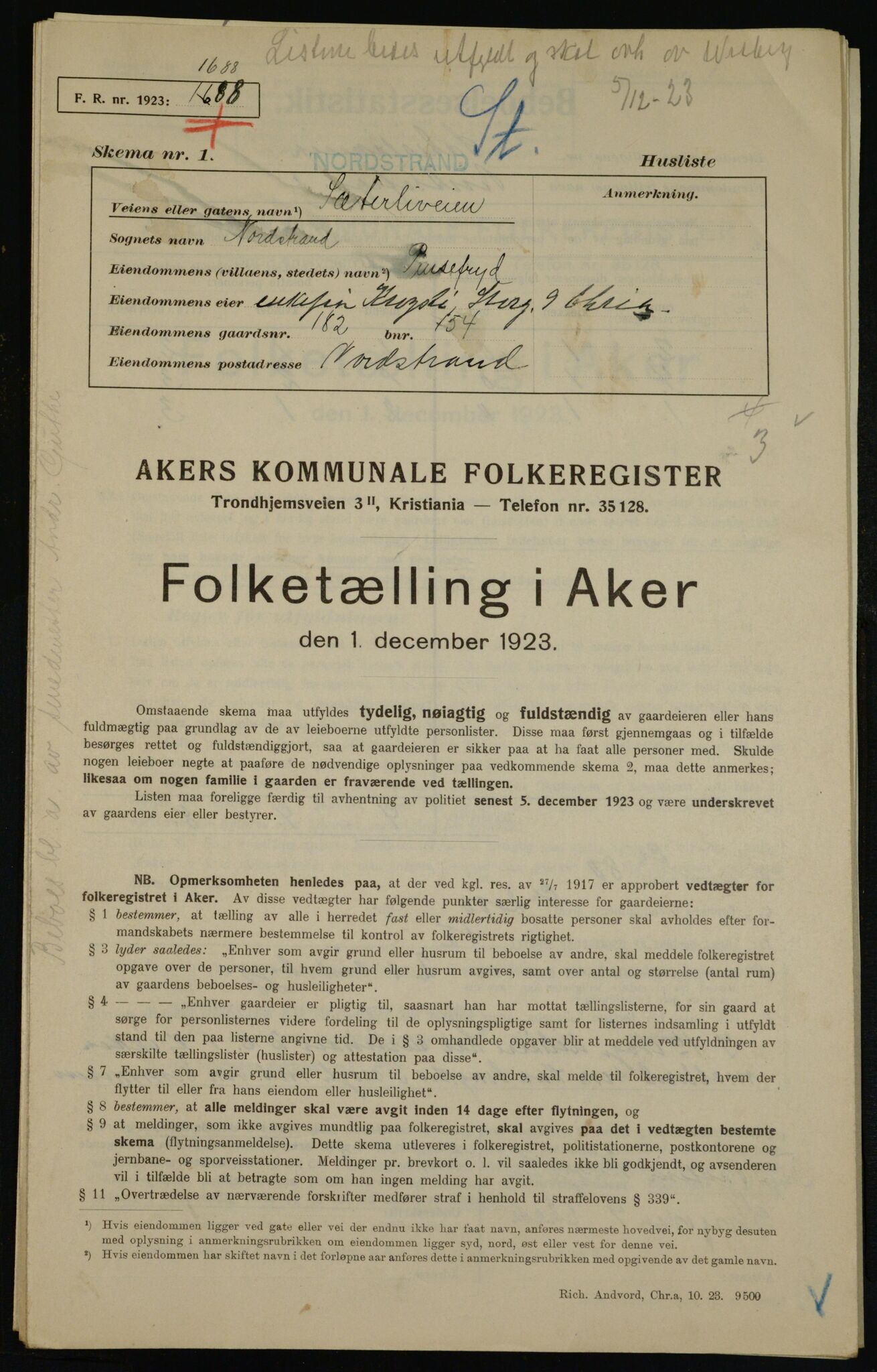 , Municipal Census 1923 for Aker, 1923, p. 46243