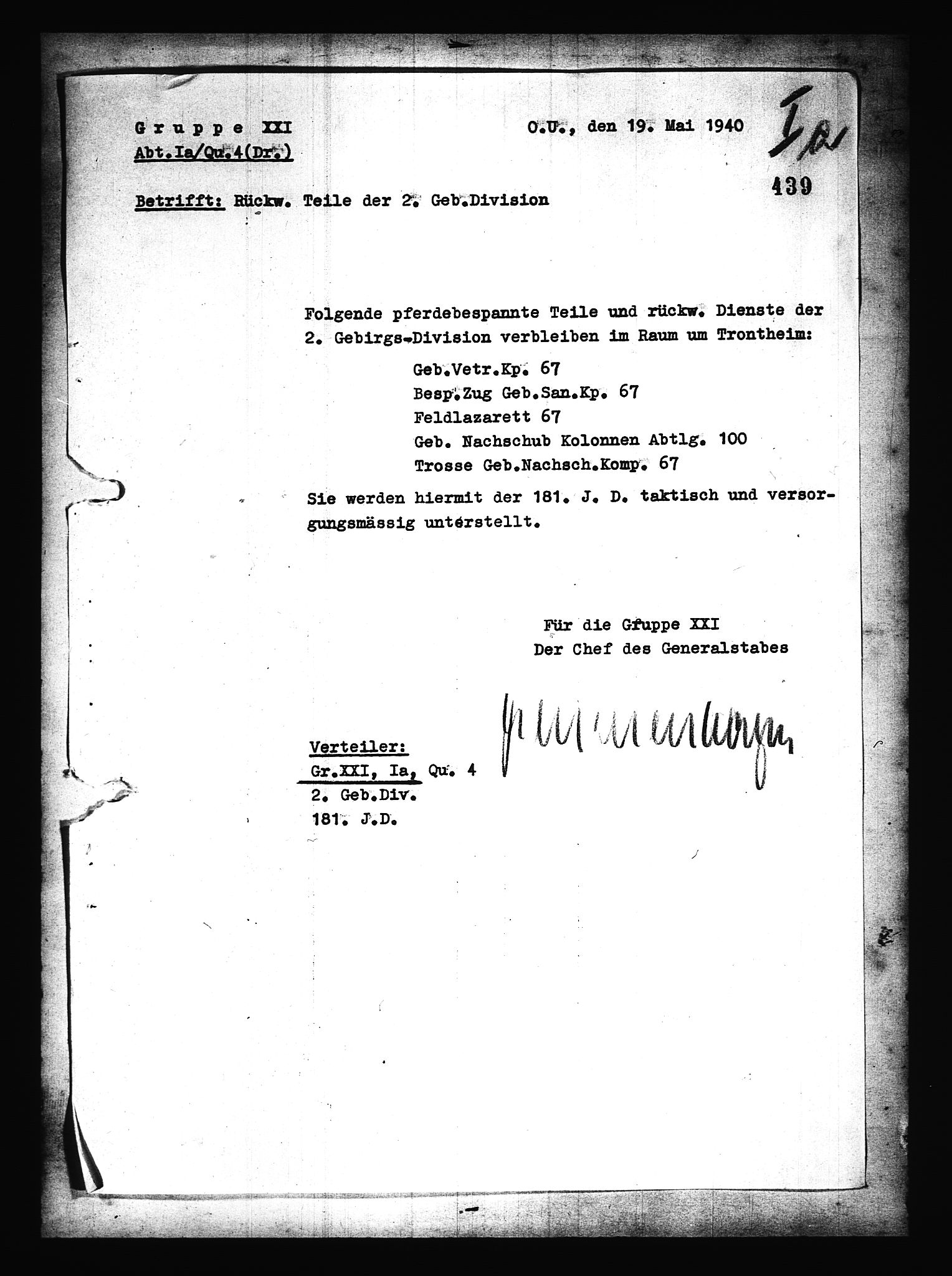 Documents Section, AV/RA-RAFA-2200/V/L0079: Amerikansk mikrofilm "Captured German Documents".
Box No. 718.  FKA jnr. 601/1954., 1940, p. 604