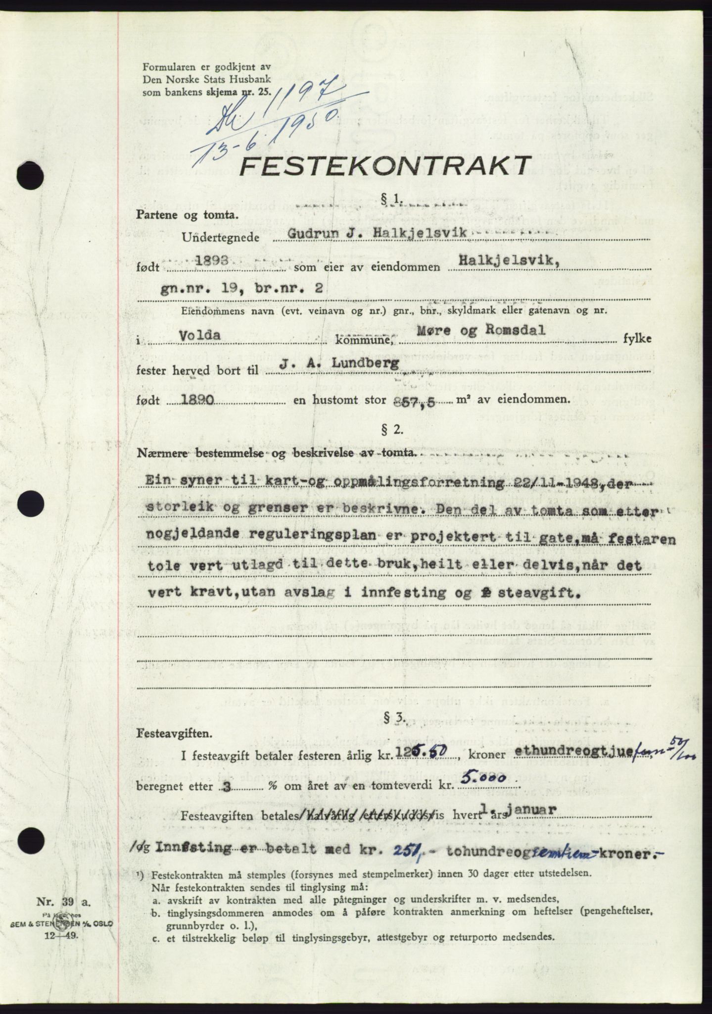 Søre Sunnmøre sorenskriveri, AV/SAT-A-4122/1/2/2C/L0087: Mortgage book no. 13A, 1950-1950, Diary no: : 1197/1950